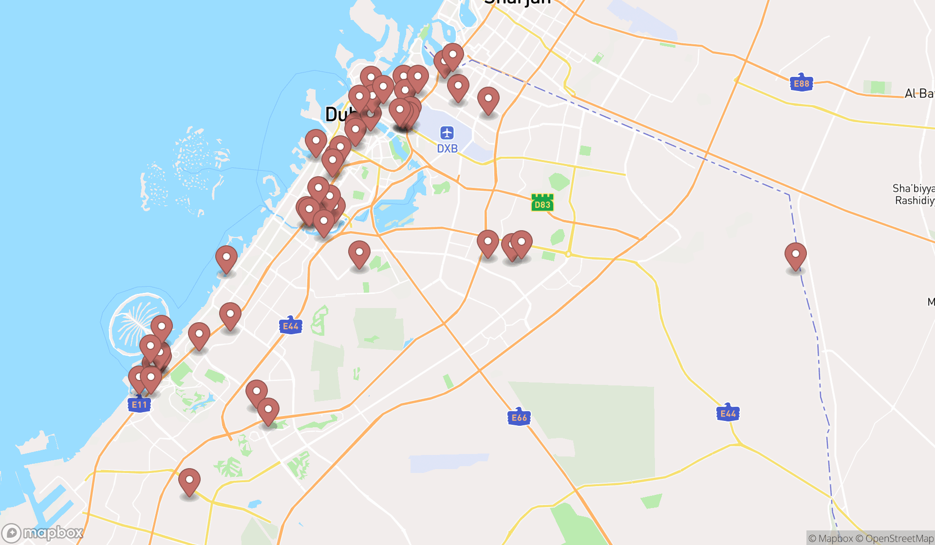Map showing the search results in Dubai