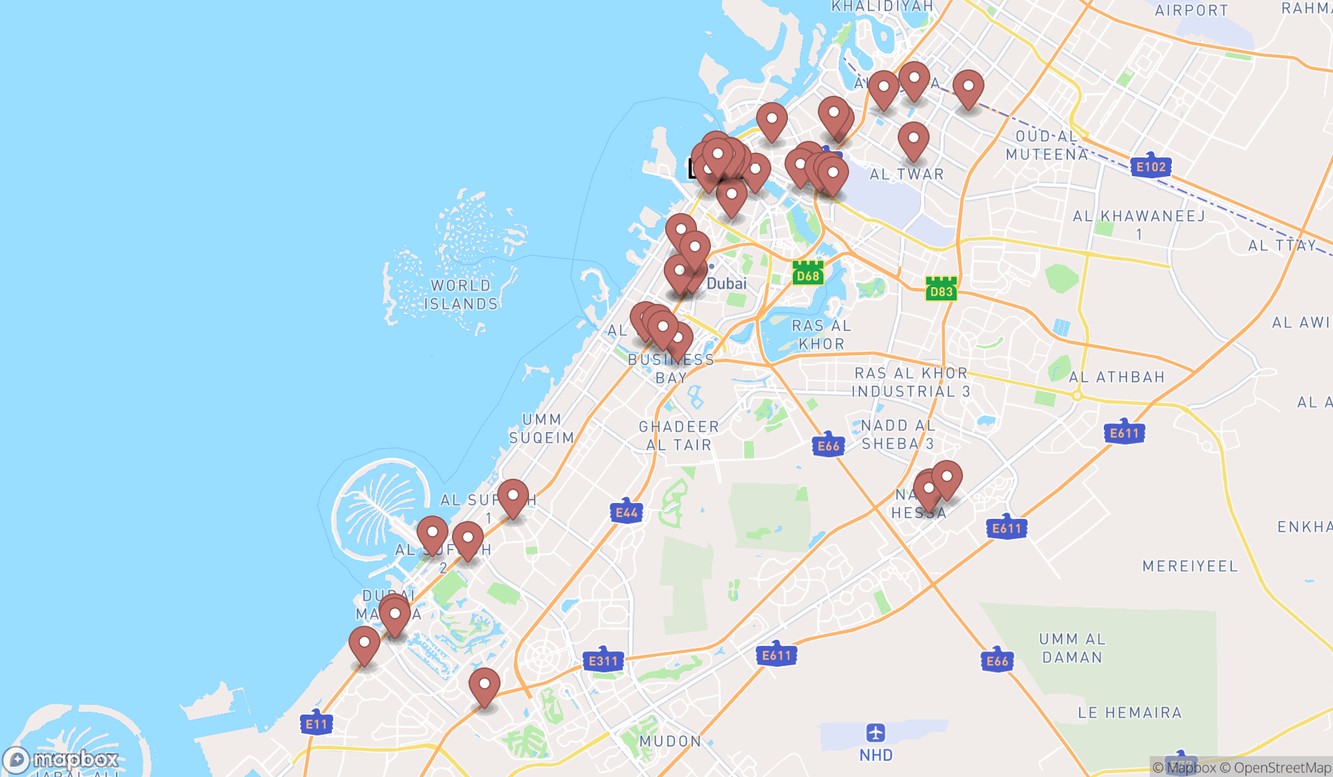 Map showing the search results in Dubai
