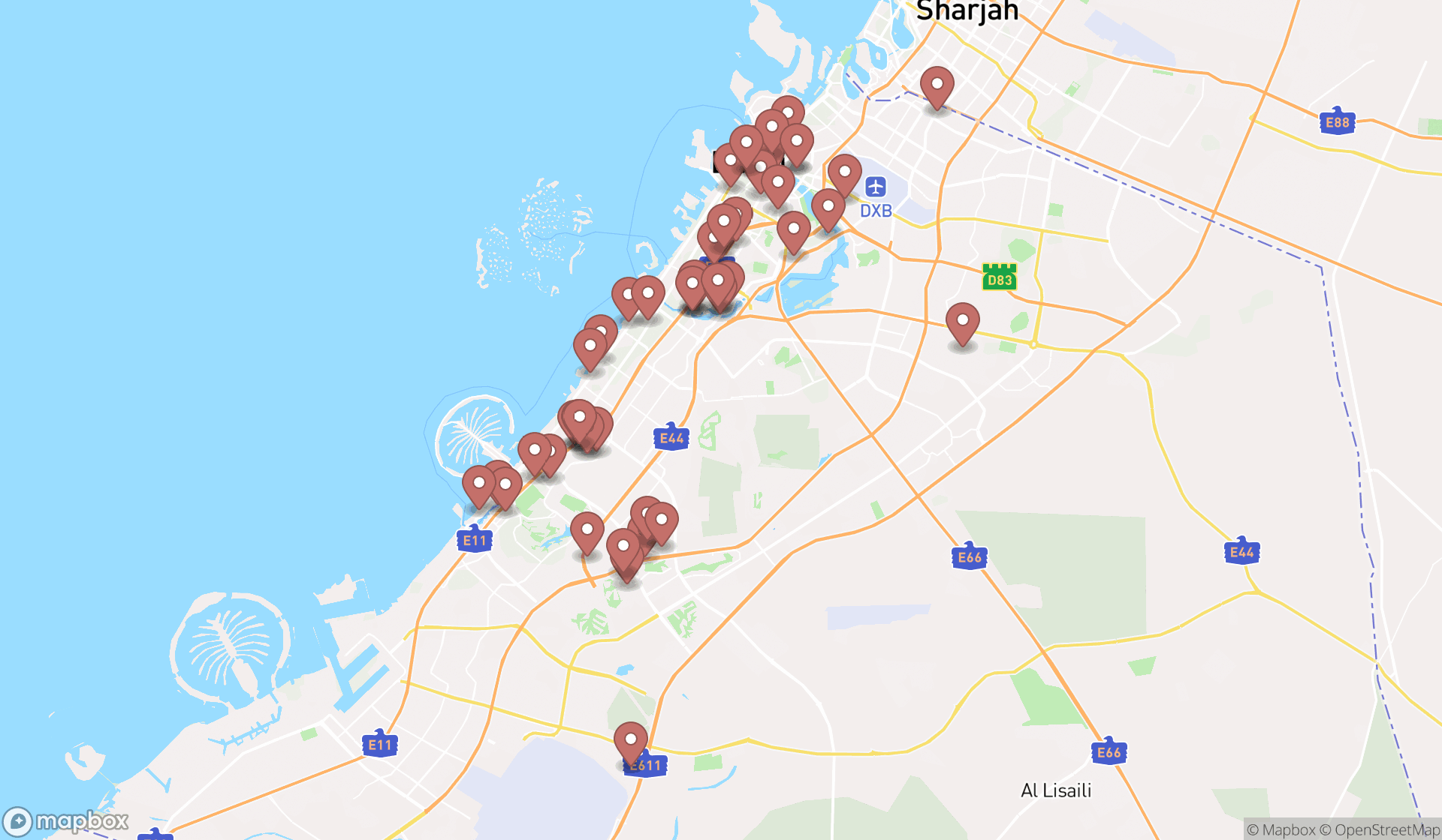 Map showing the search results in Dubai