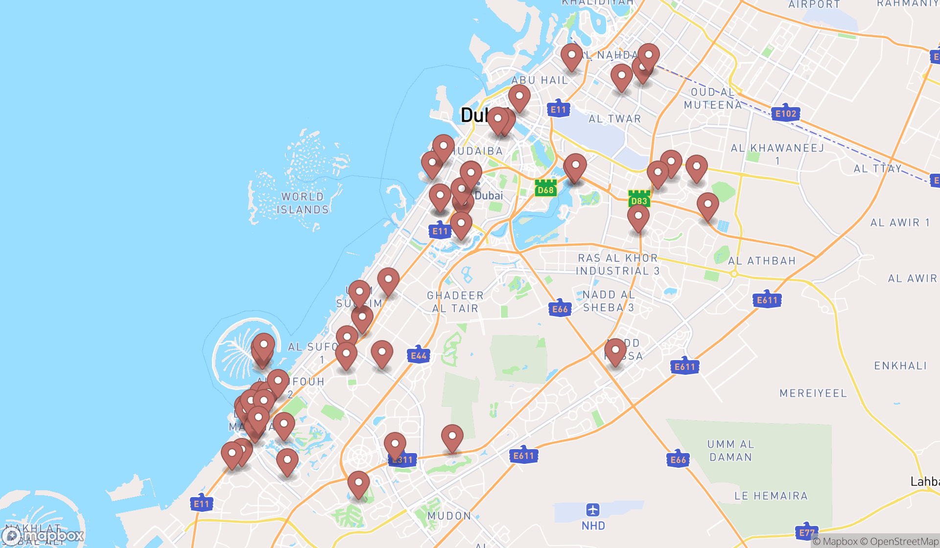 Map showing the search results in Dubai