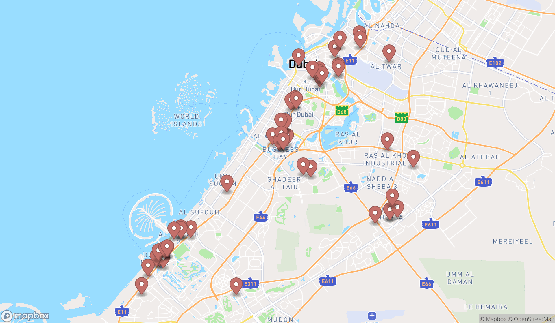 Map showing the search results in Dubai