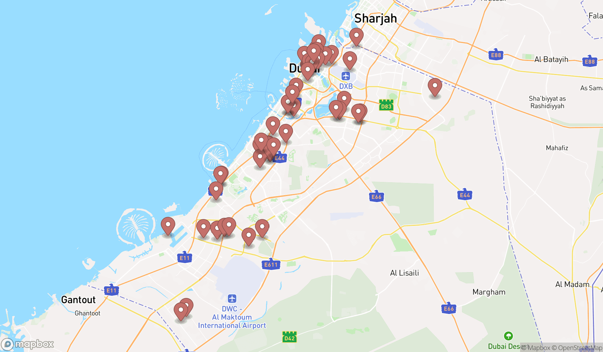 Map showing the search results in Dubai