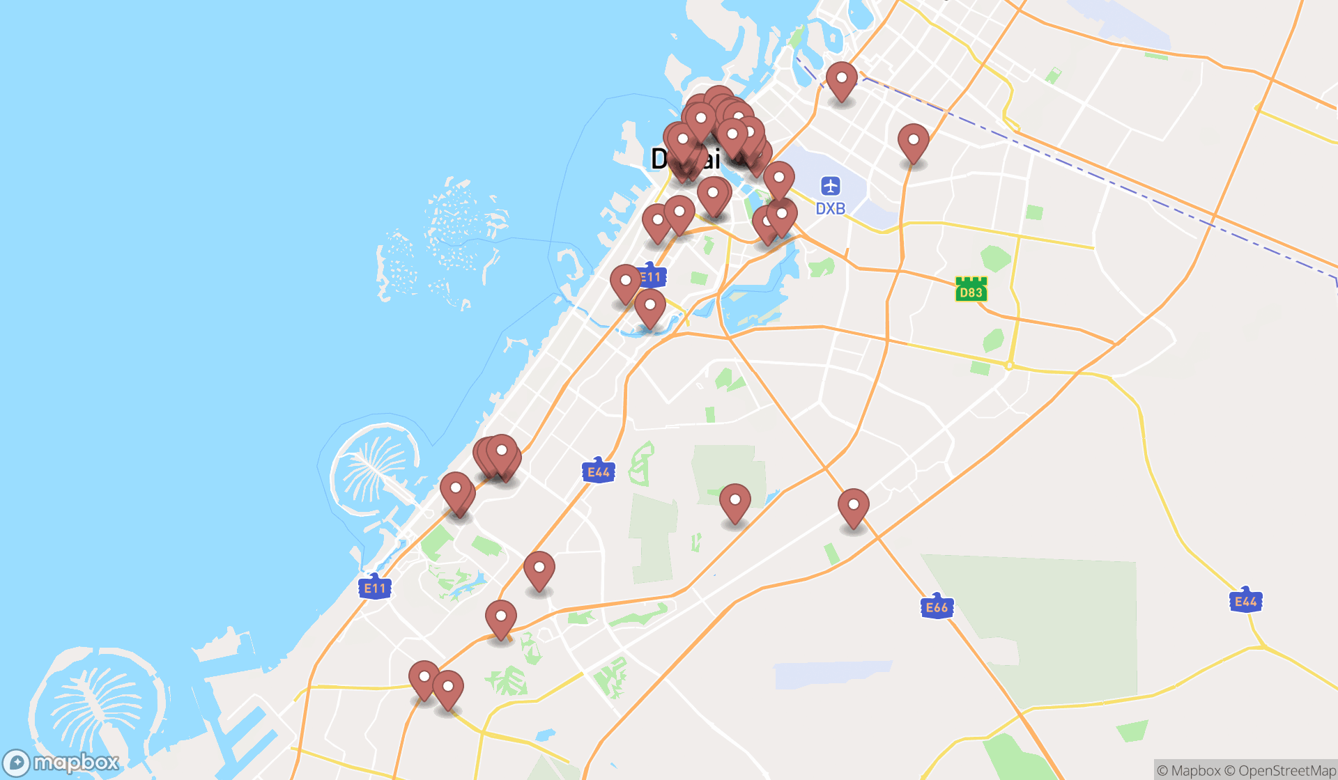 Map showing the search results in Dubai