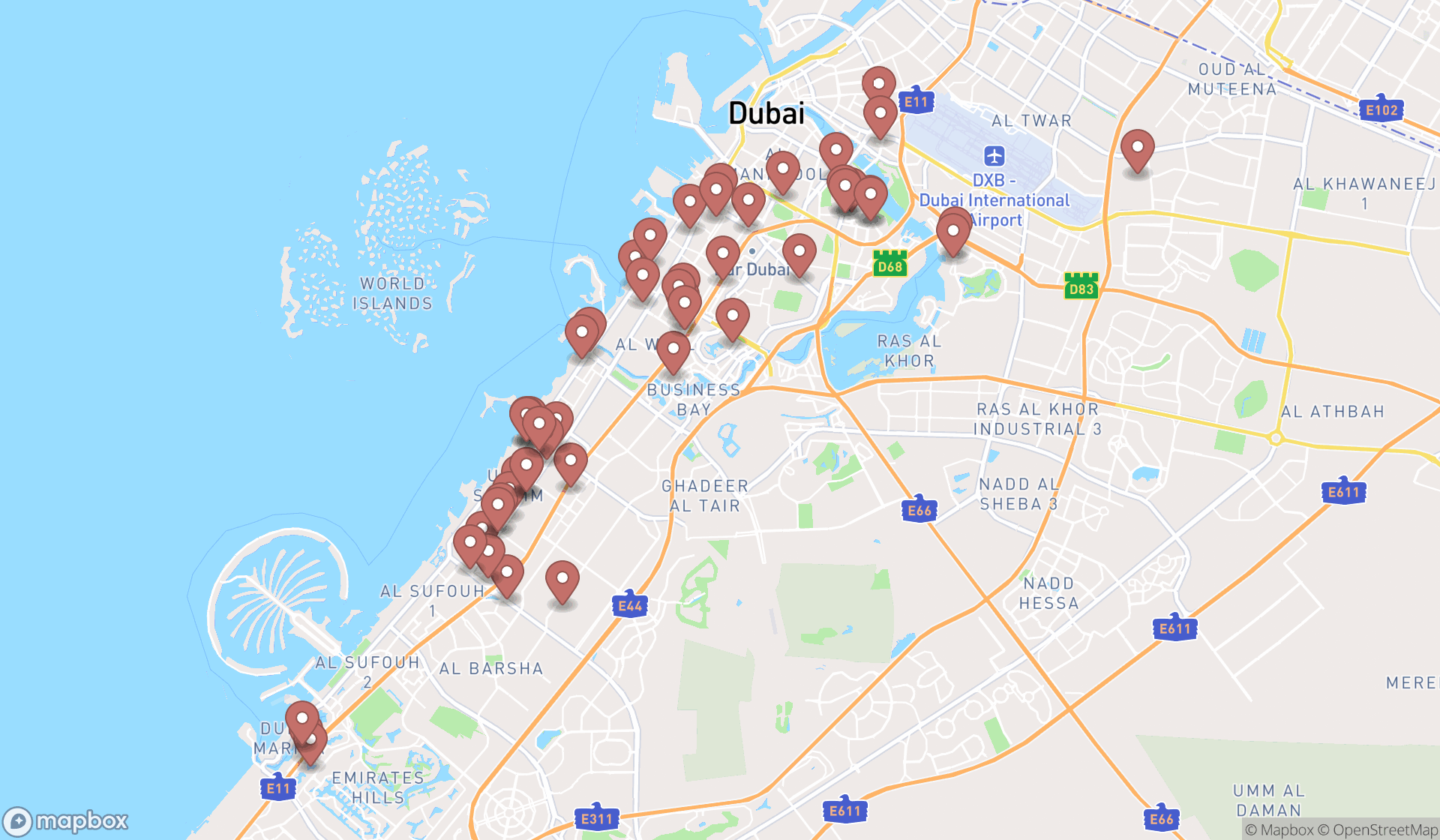 Map showing the search results in Dubai
