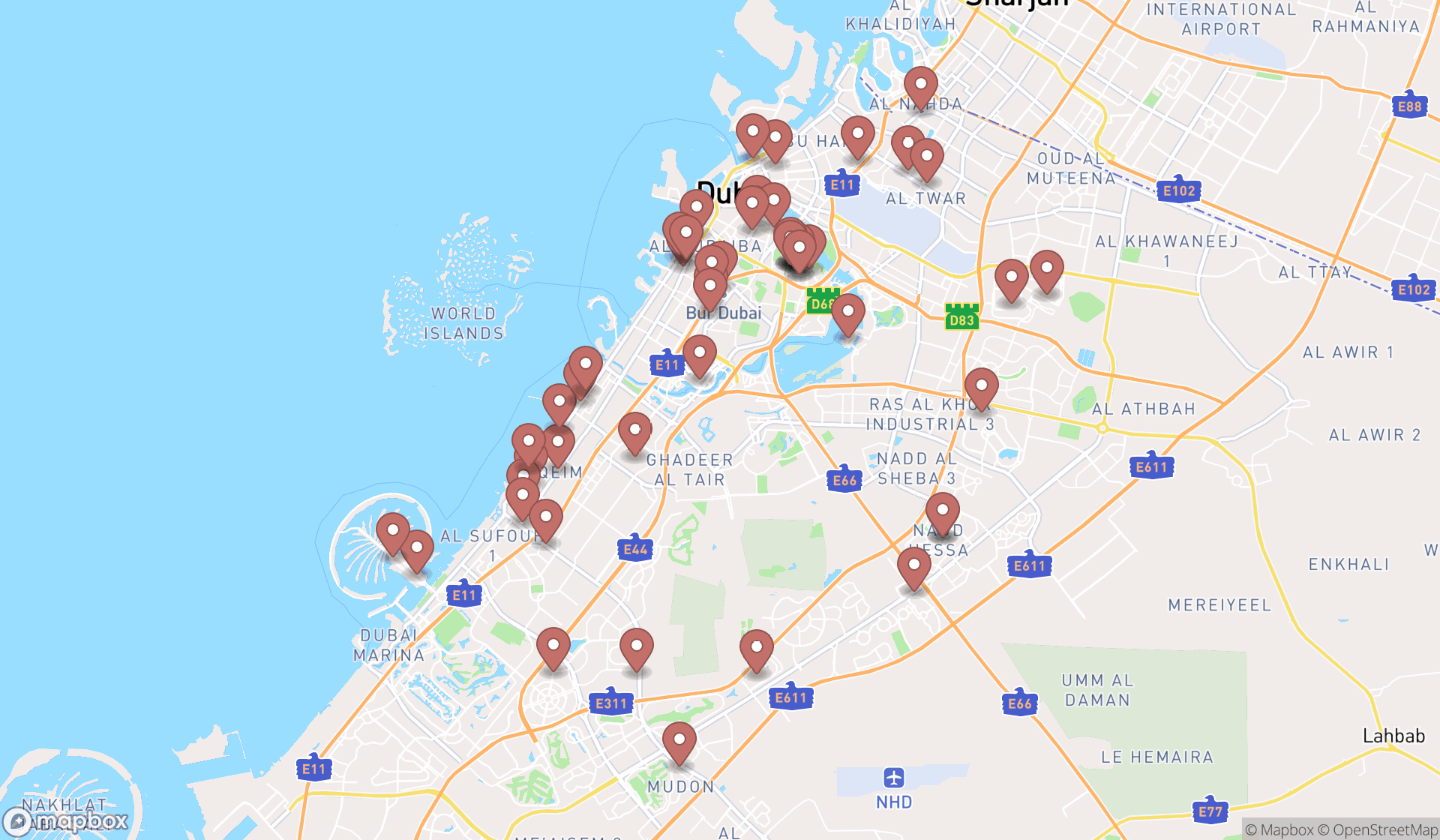 Map showing the search results in Dubai
