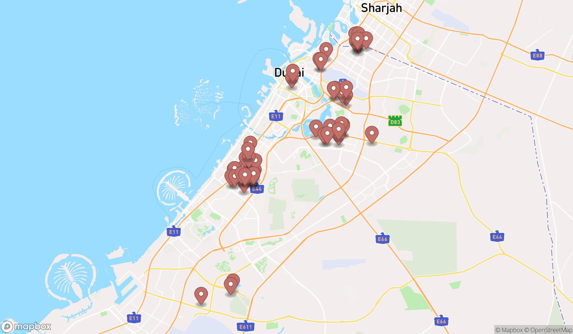 Map showing the search results in Dubai
