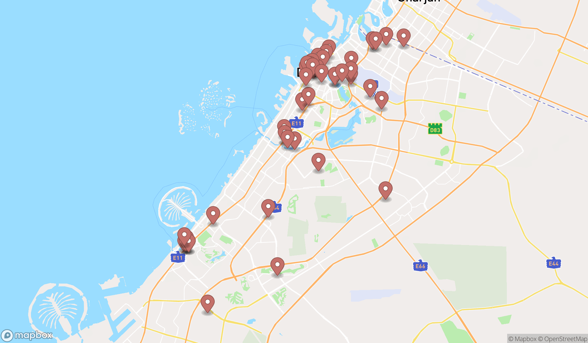 Map showing the search results in Dubai
