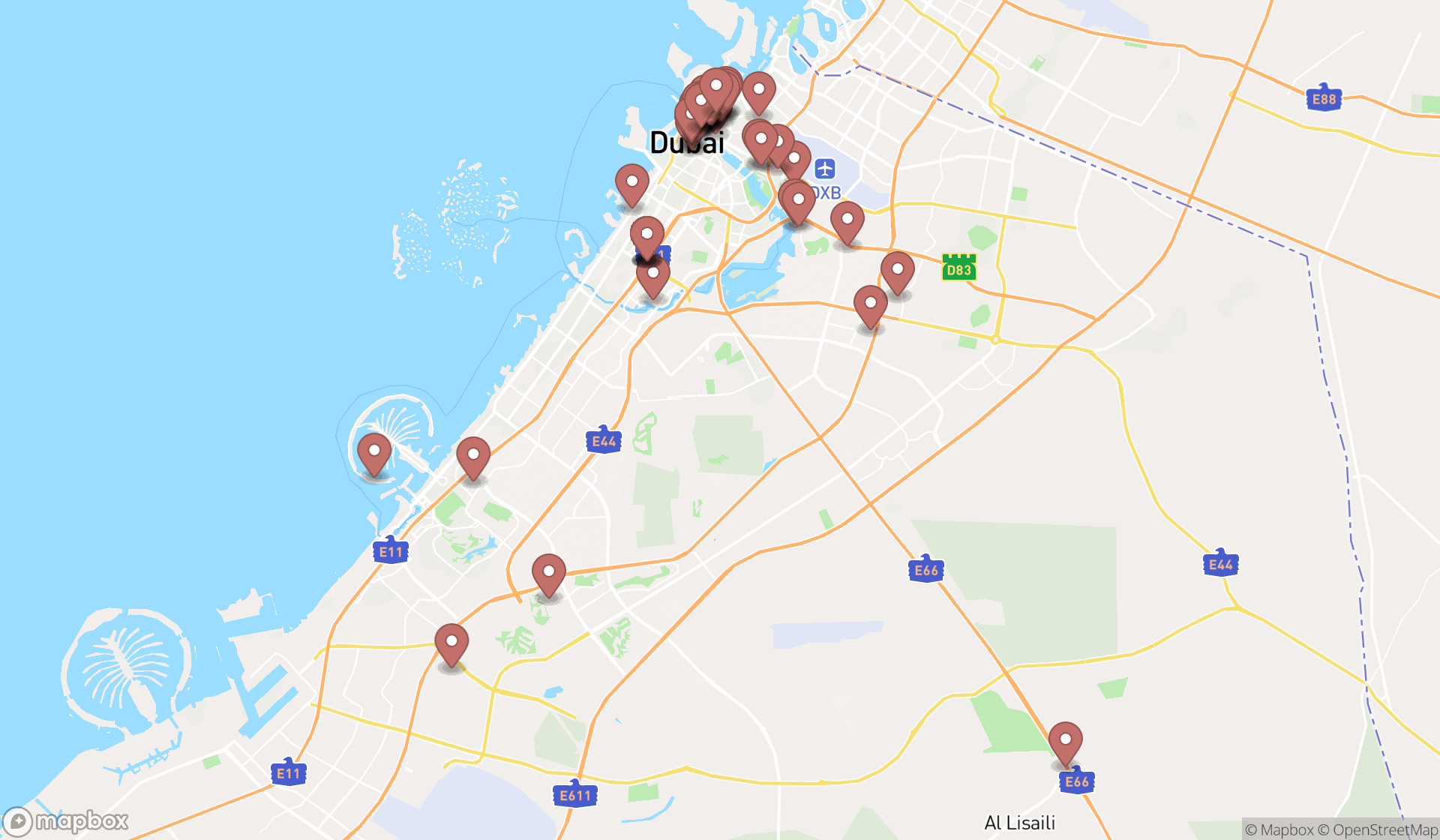 Map showing the search results in Dubai
