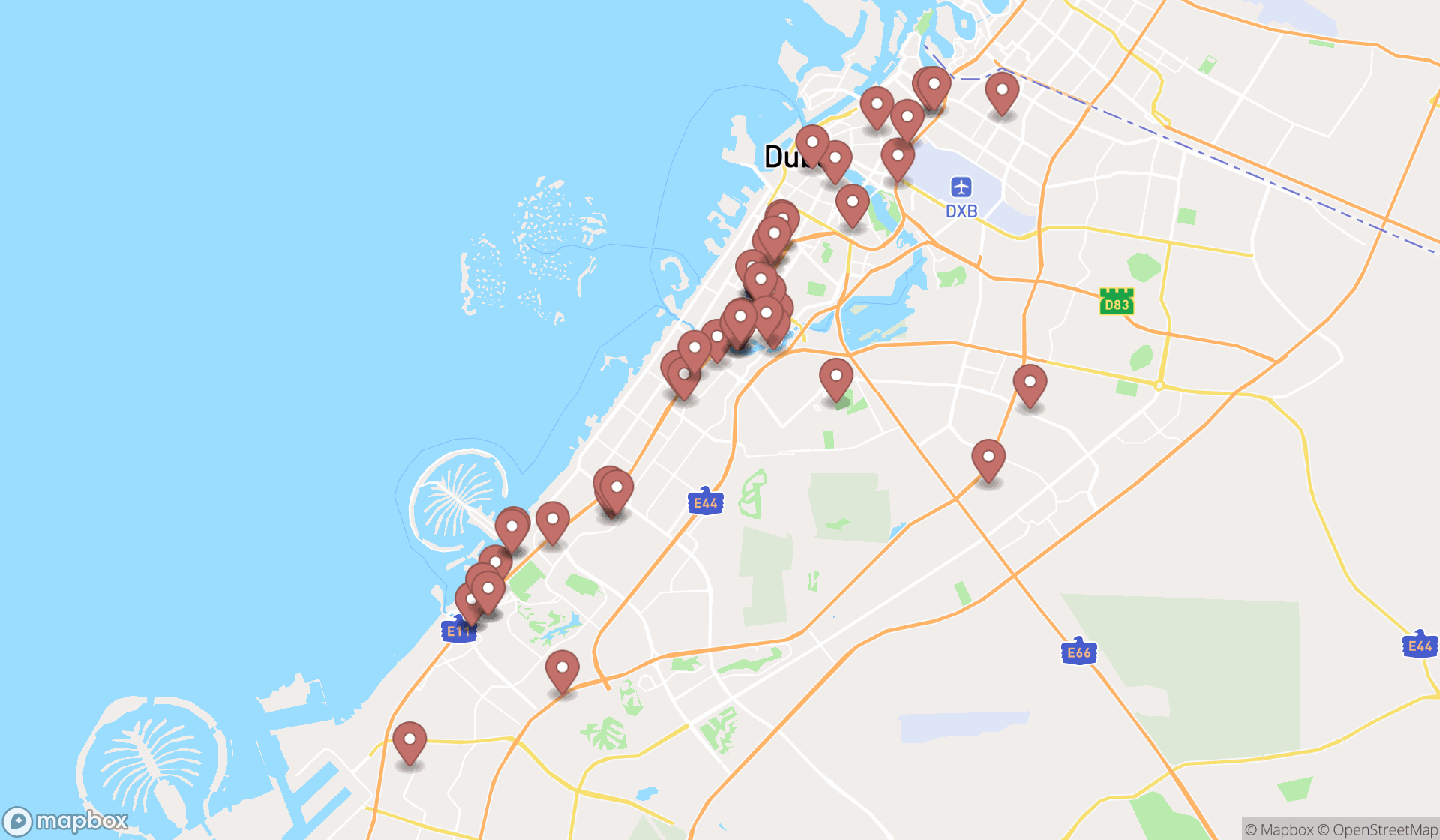 Map showing the search results in Dubai