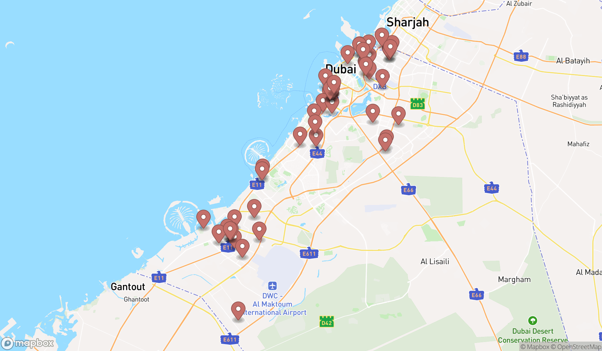 Map showing the search results in Dubai