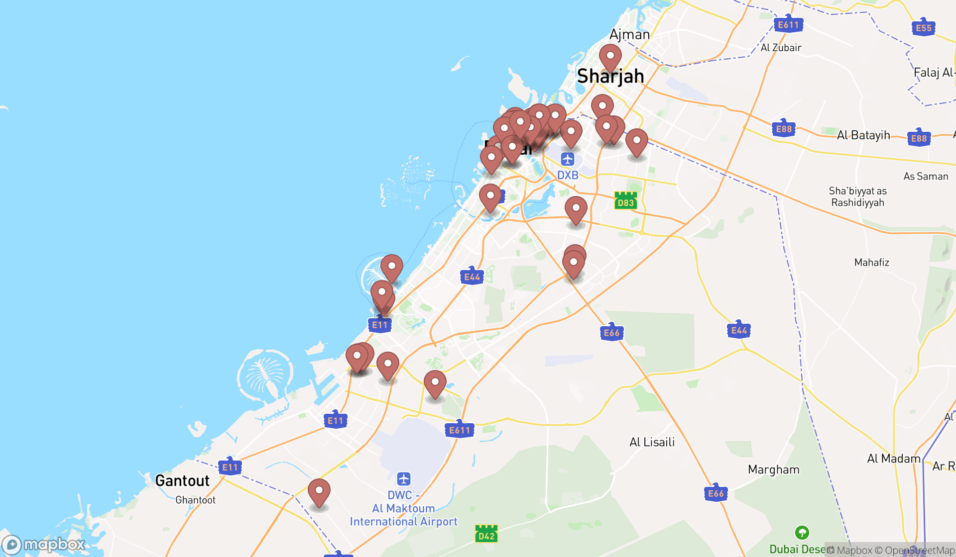 Map showing the search results in Dubai
