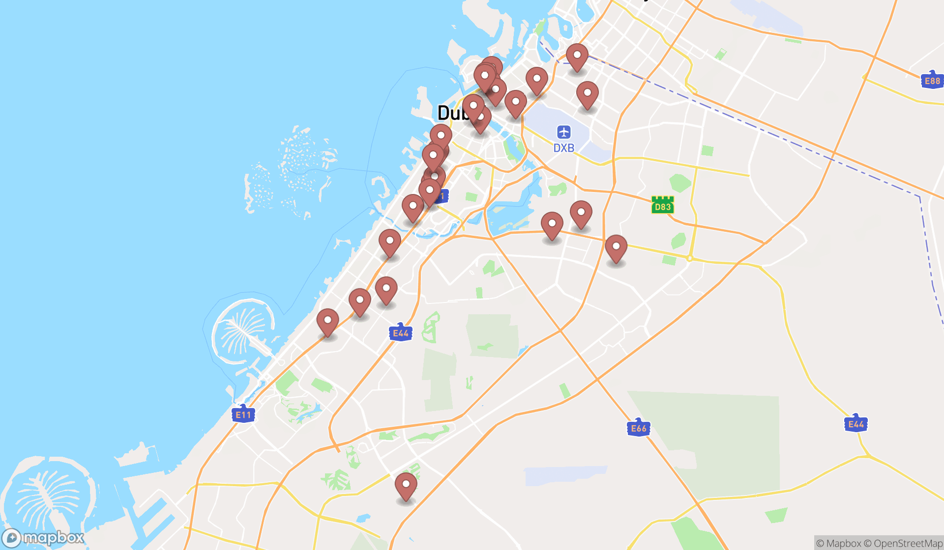Map showing the search results in Dubai