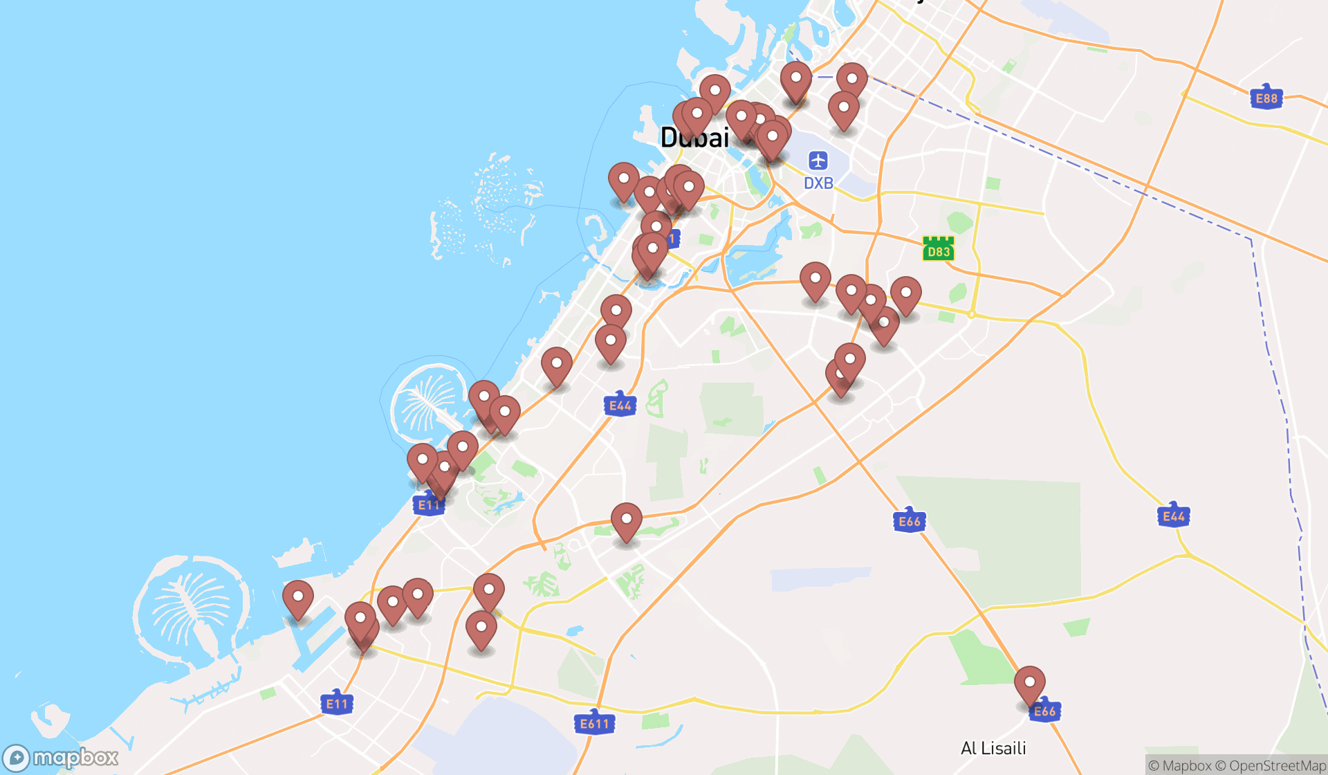 Map showing the search results in Dubai