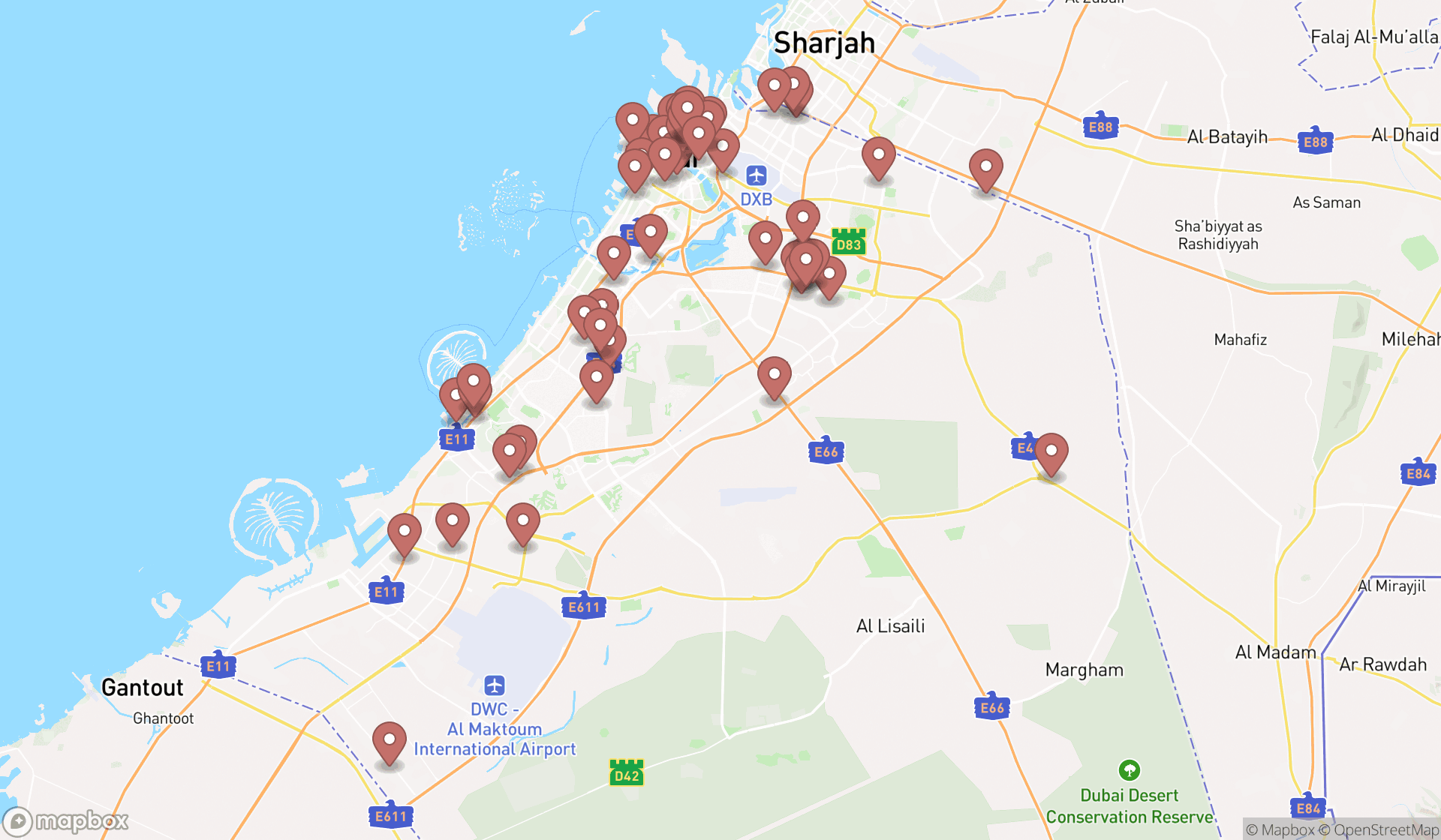 Map showing the search results in Dubai