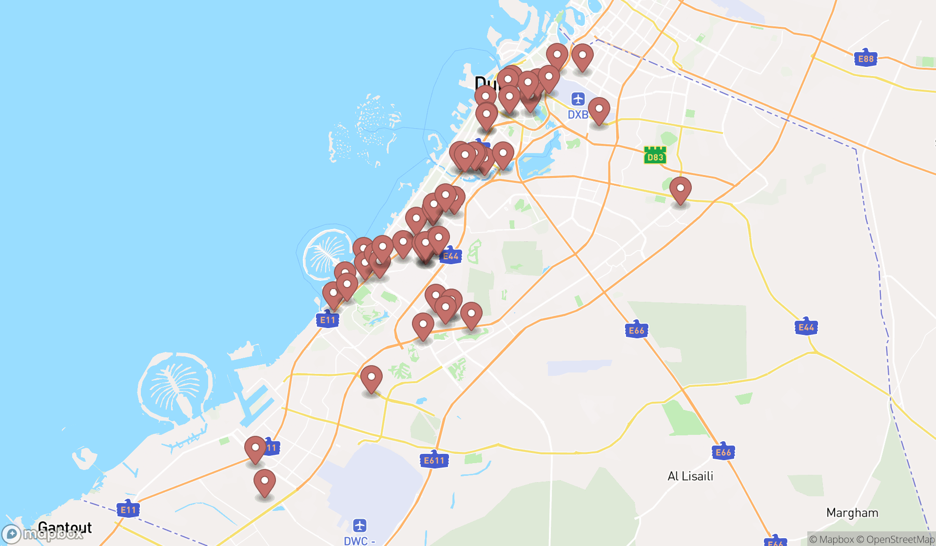 Map showing the search results in Dubai