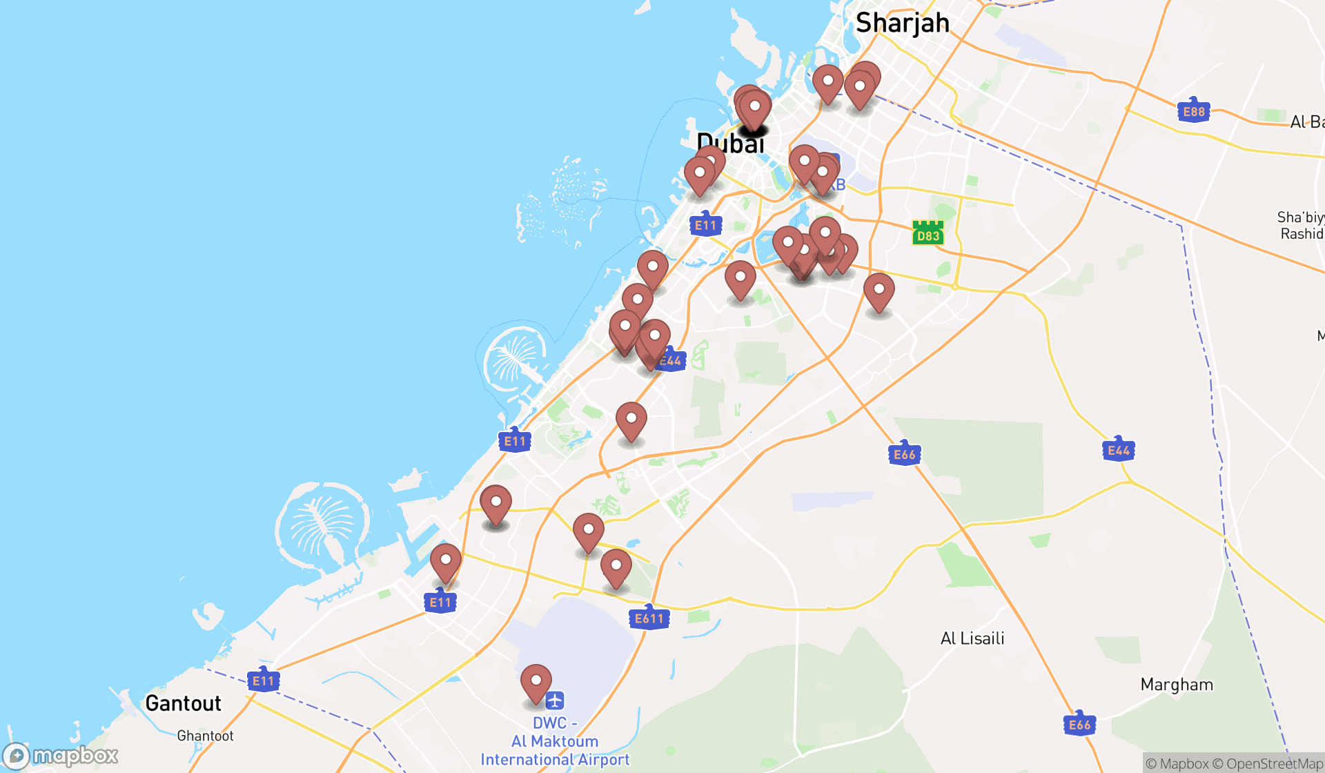 Map showing the search results in Dubai