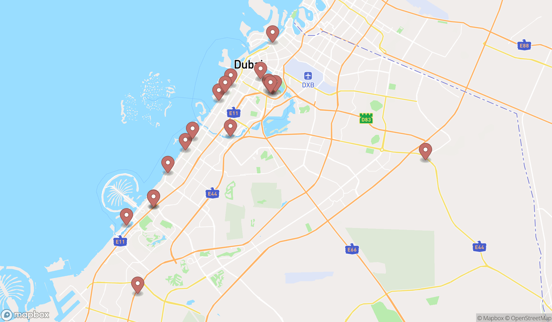 Map showing the search results in Dubai