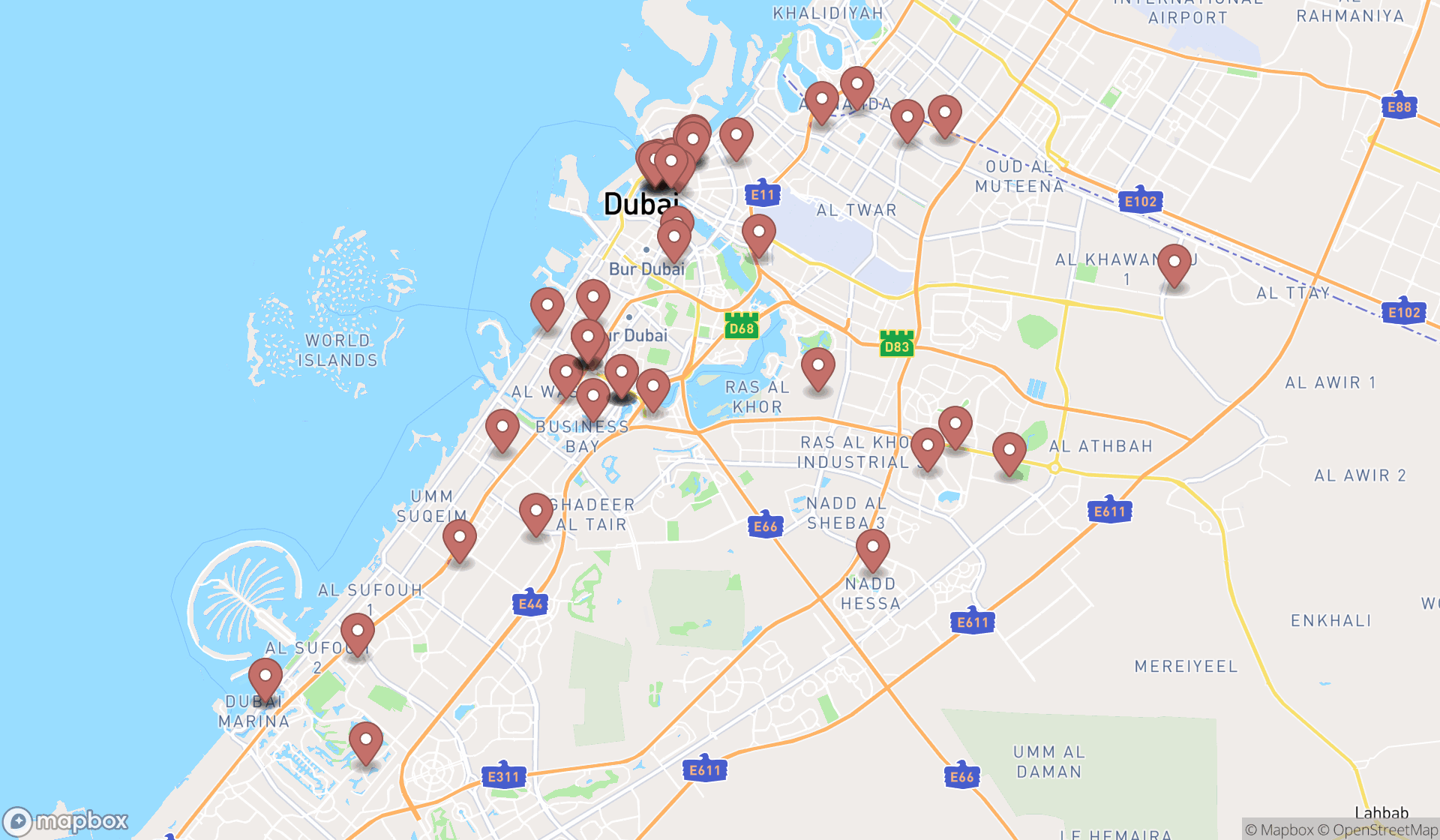Map showing the search results in Dubai