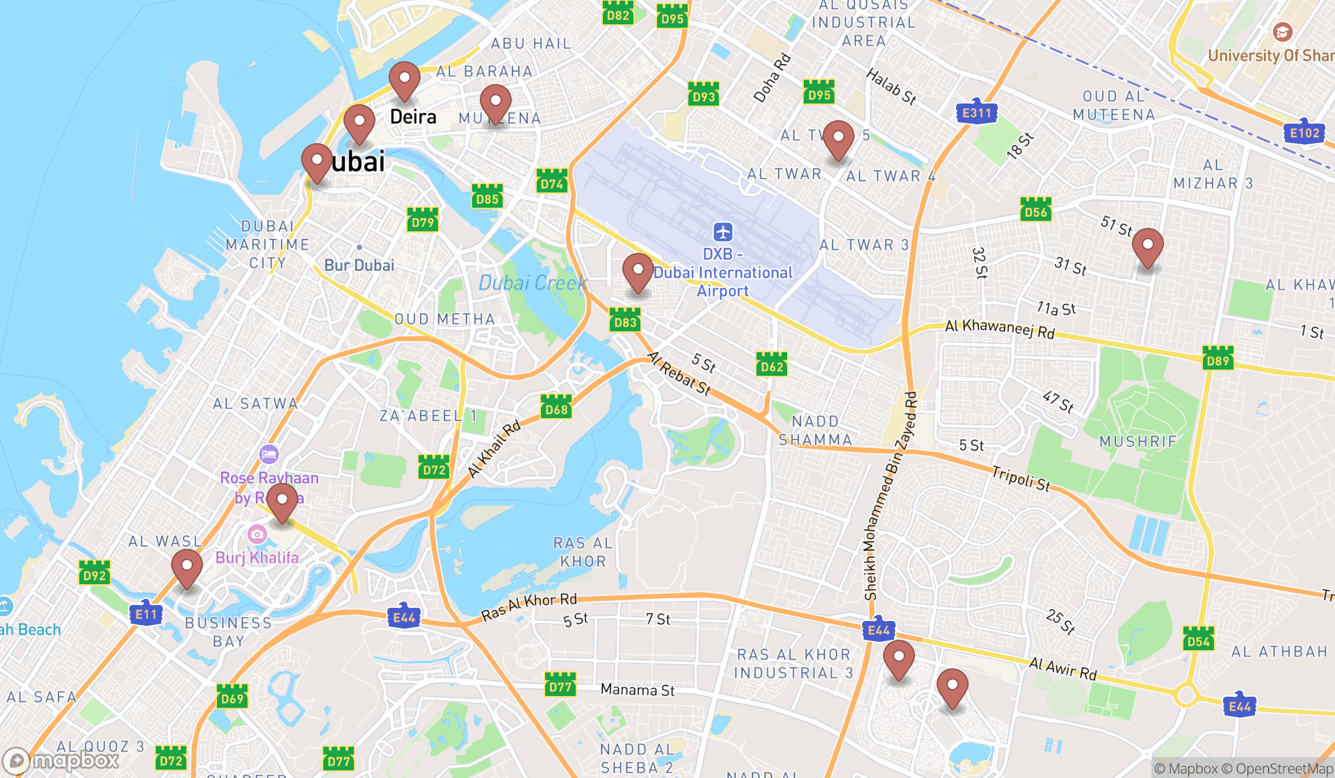 Map showing the search results in Dubai