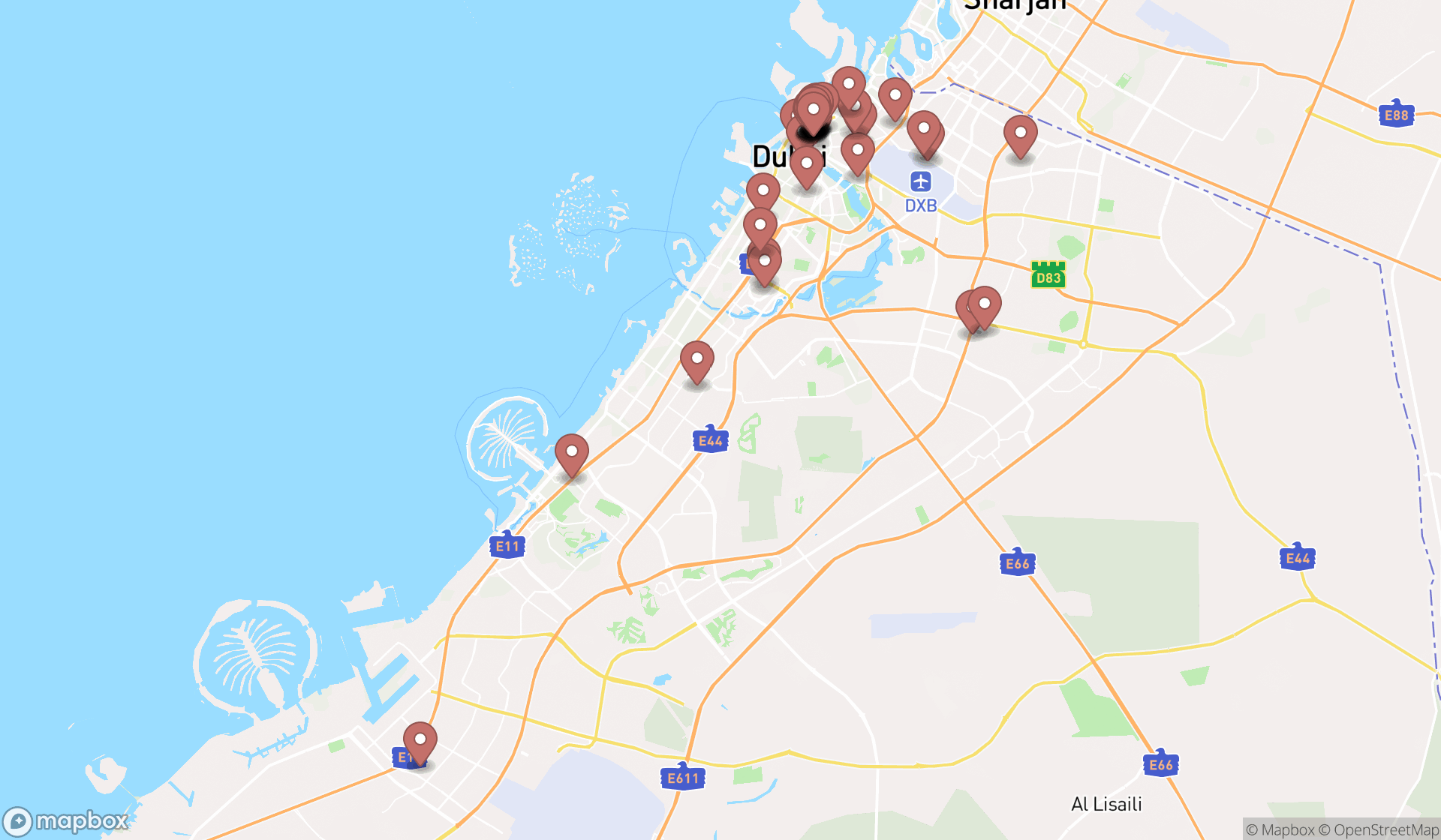 Map showing the search results in Dubai
