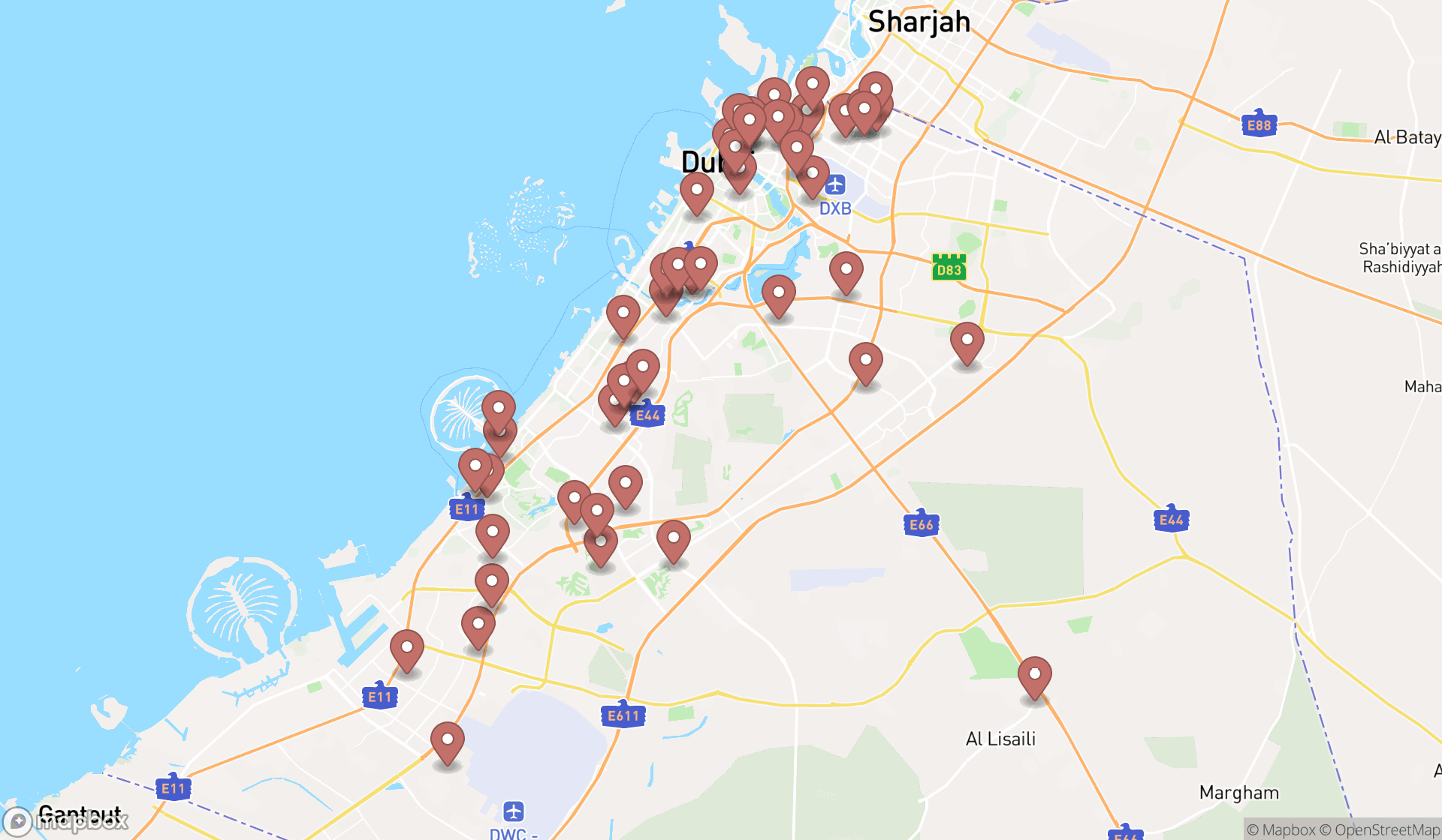 Map showing the search results in Dubai