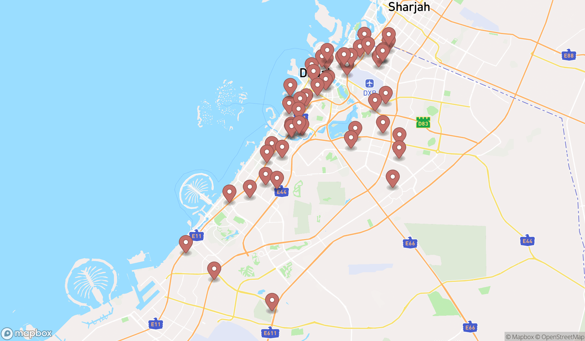 Map showing the search results in Dubai