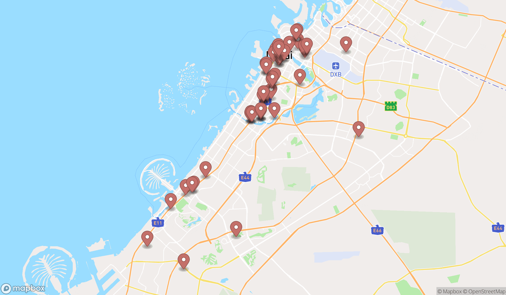 Map showing the search results in Dubai