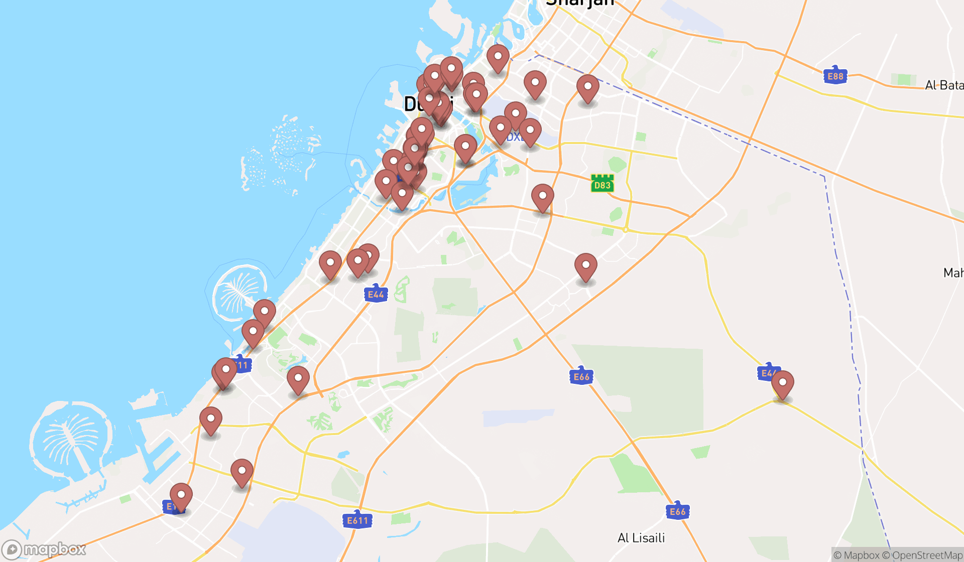 Map showing the search results in Dubai