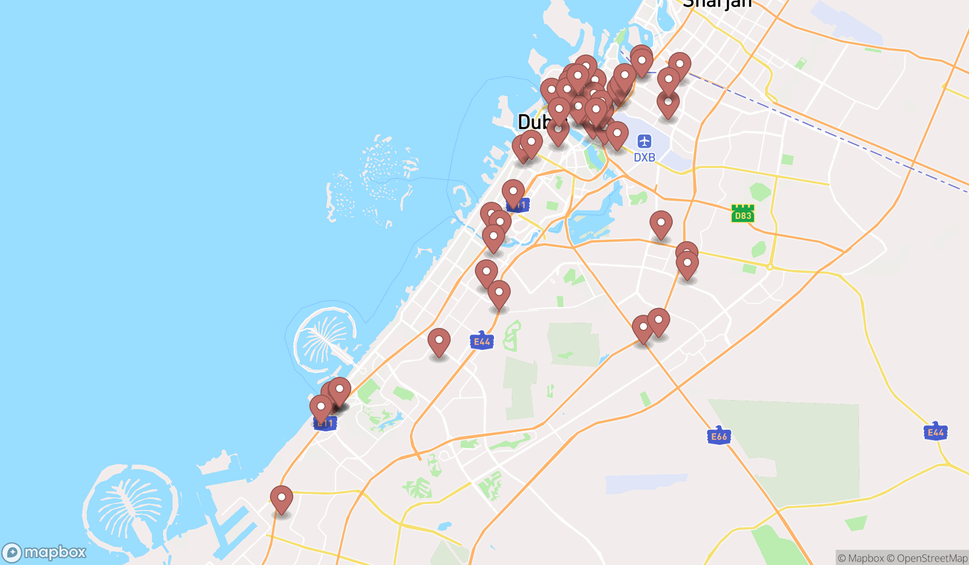 Map showing the search results in Dubai