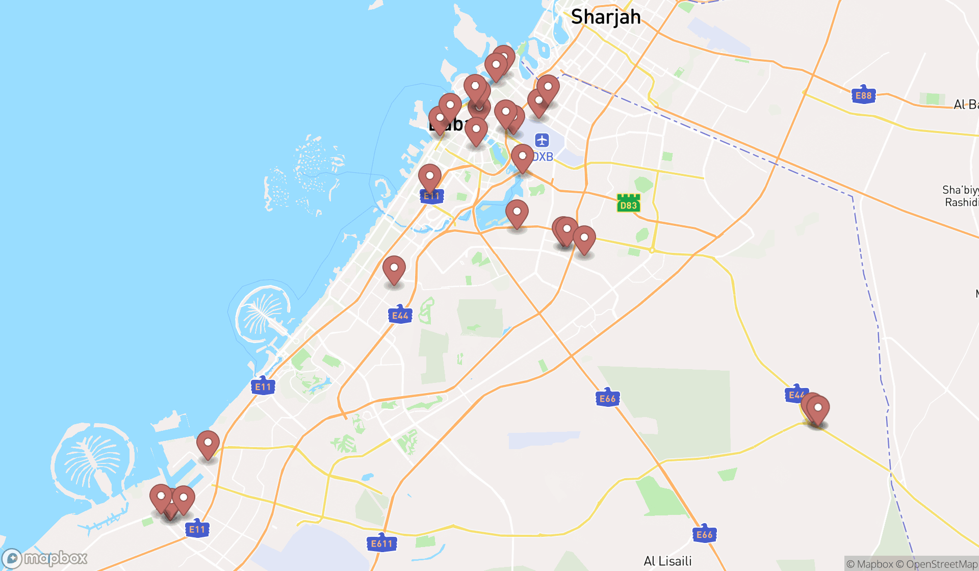 Map showing the search results in Dubai