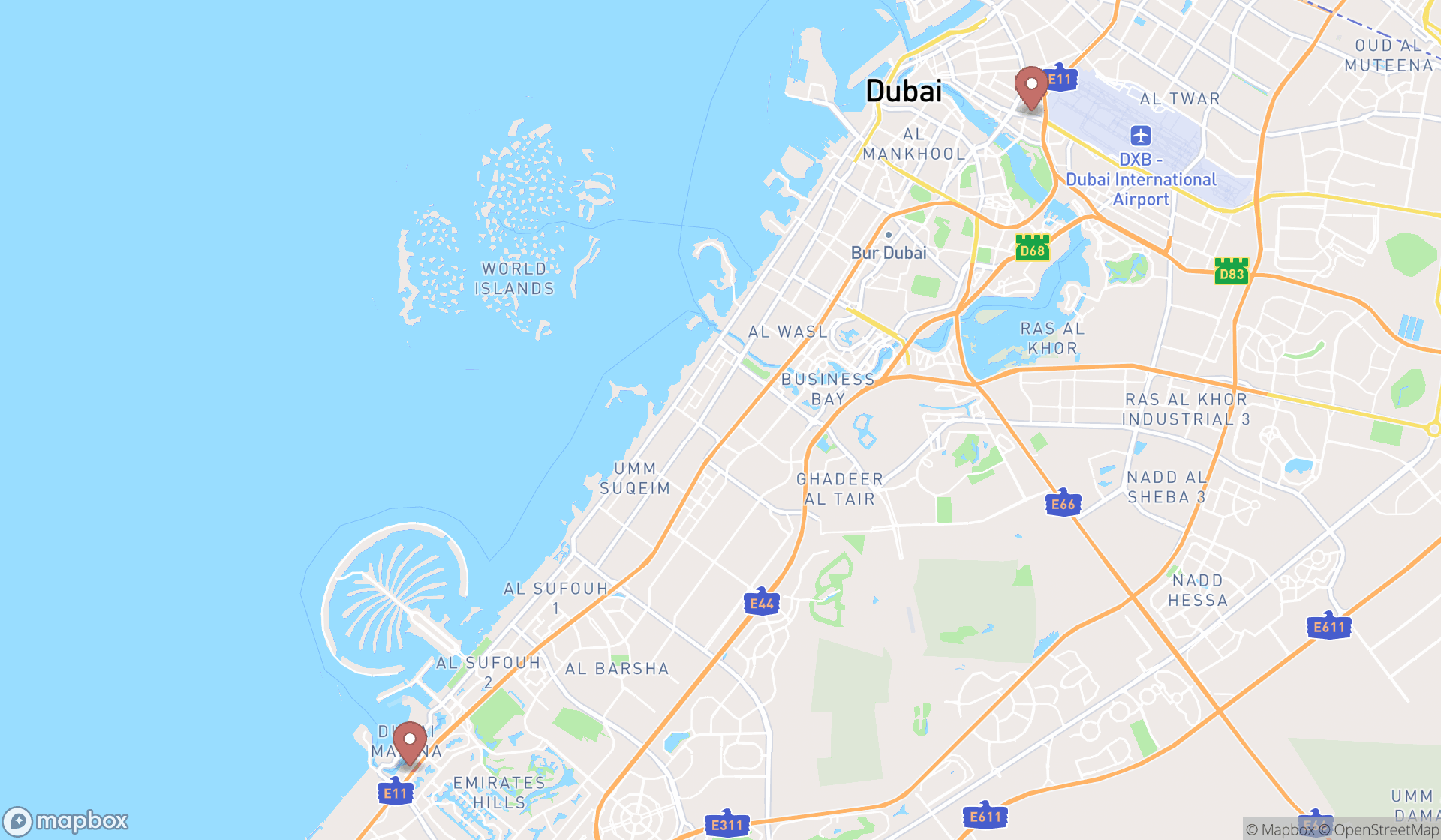 Map showing the search results in Dubai