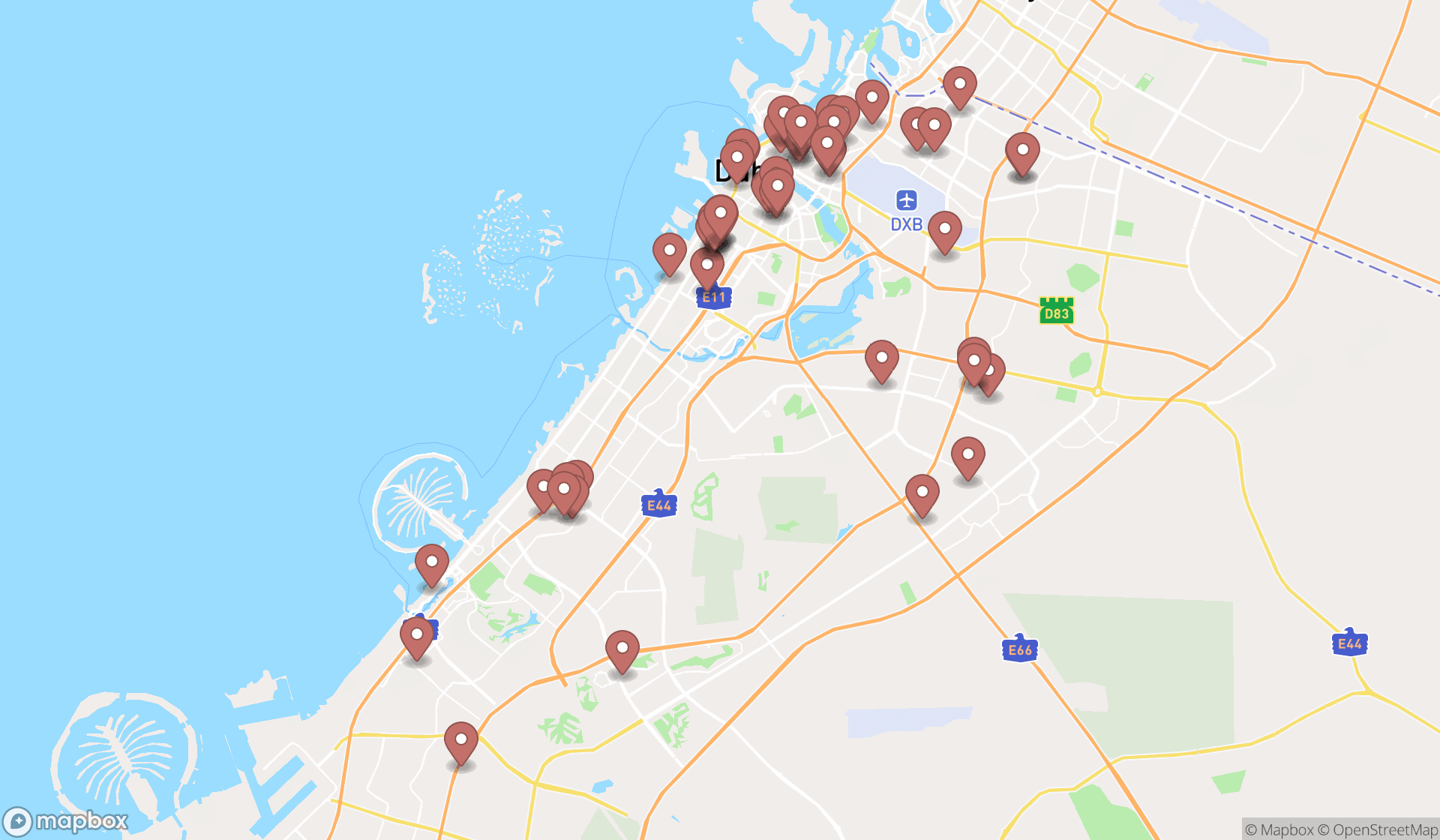 Map showing the search results in Dubai