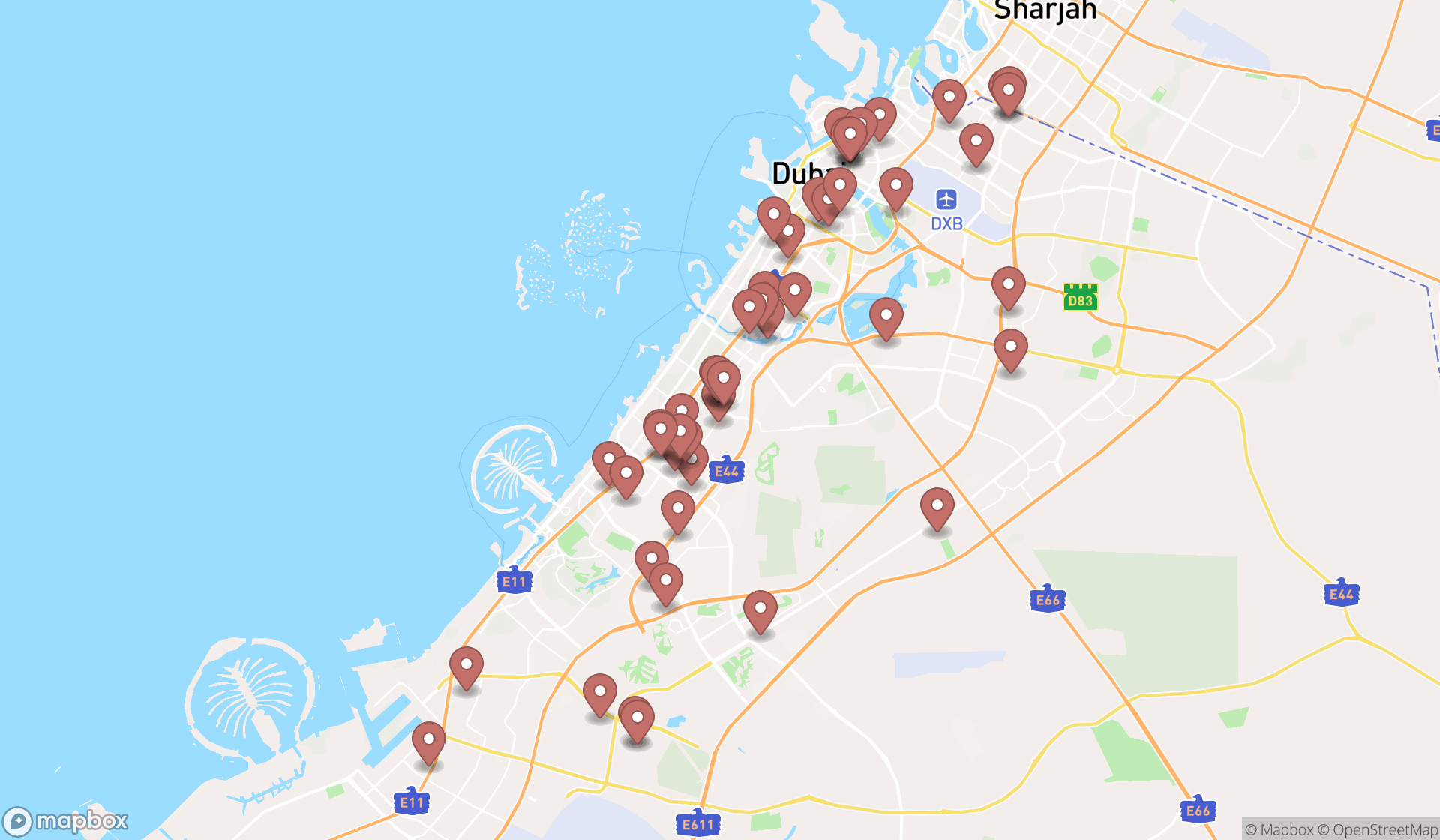 Map showing the search results in Dubai