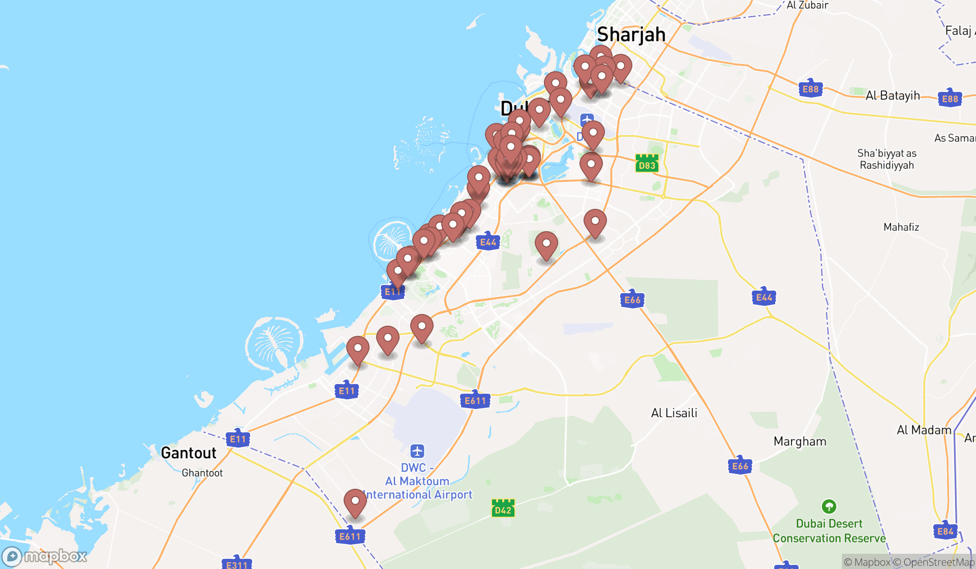 Map showing the search results in Dubai
