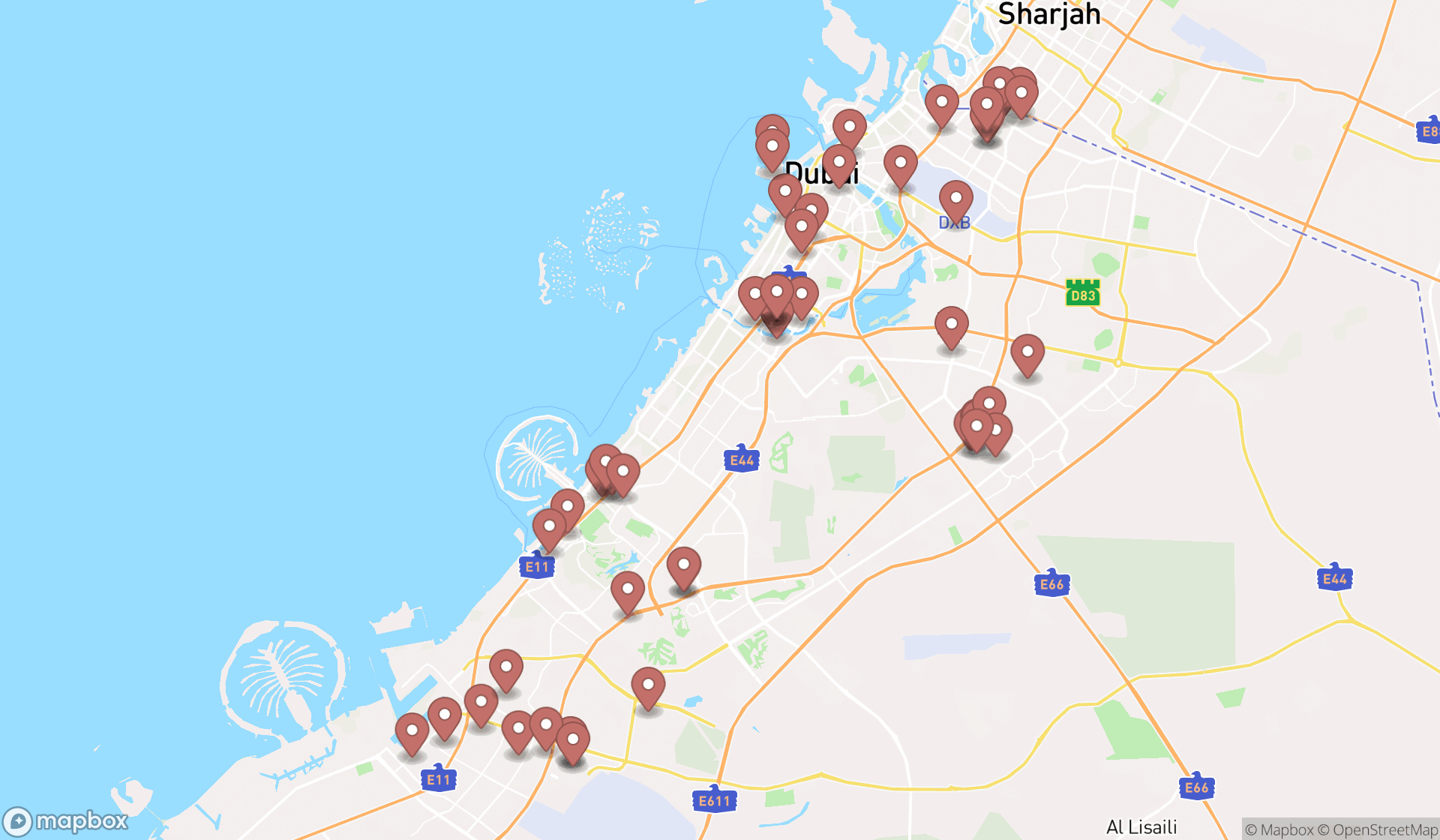 Map showing the search results in Dubai