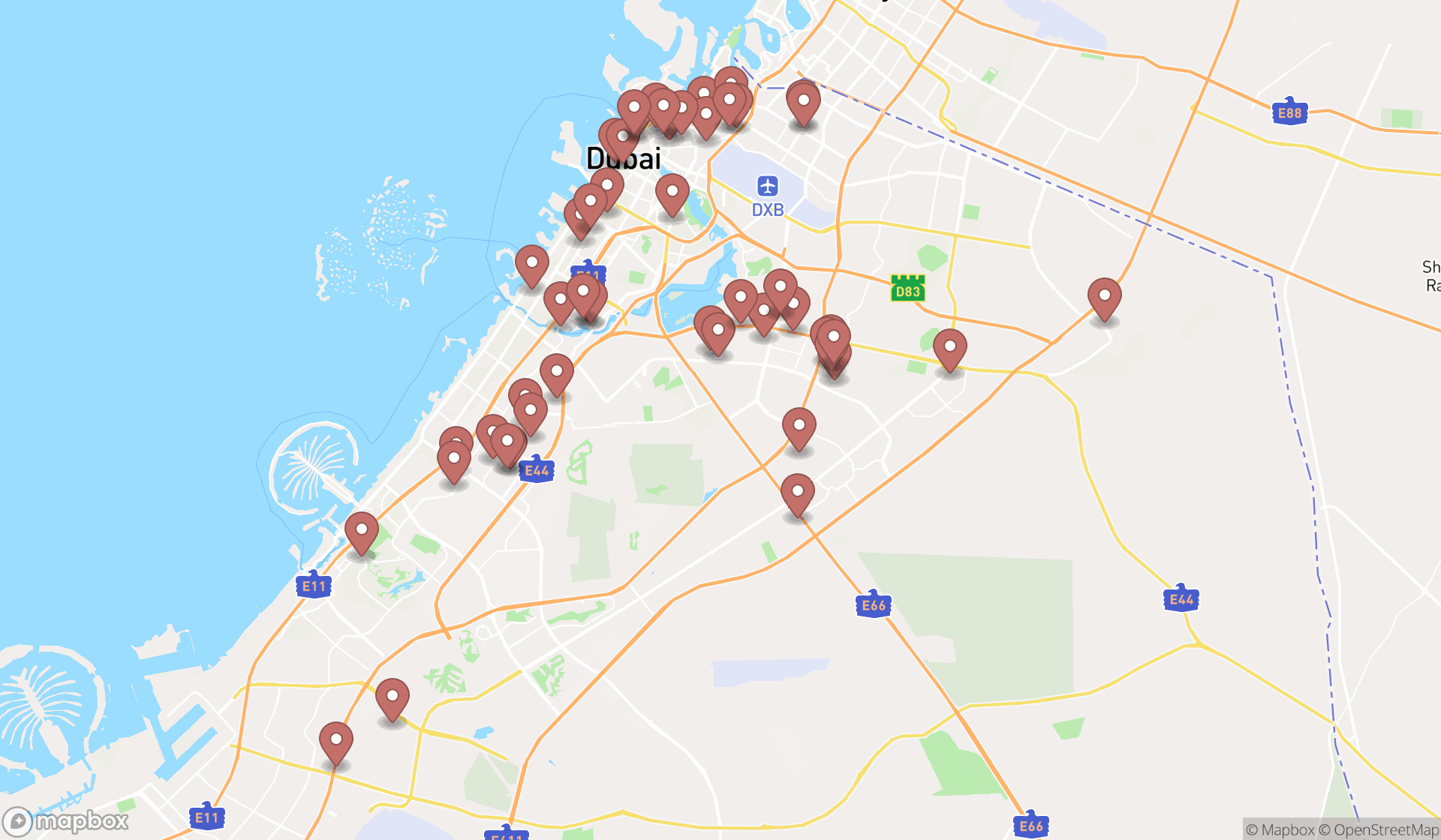 Map showing the search results in Dubai
