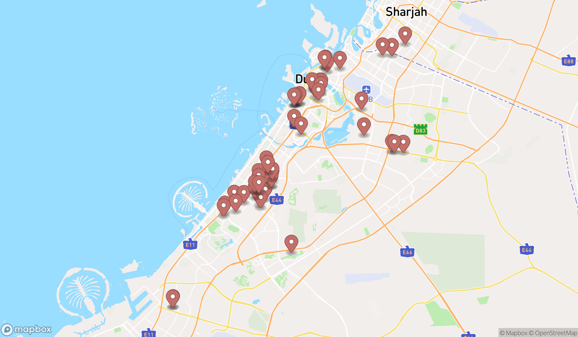 Map showing the search results in Dubai