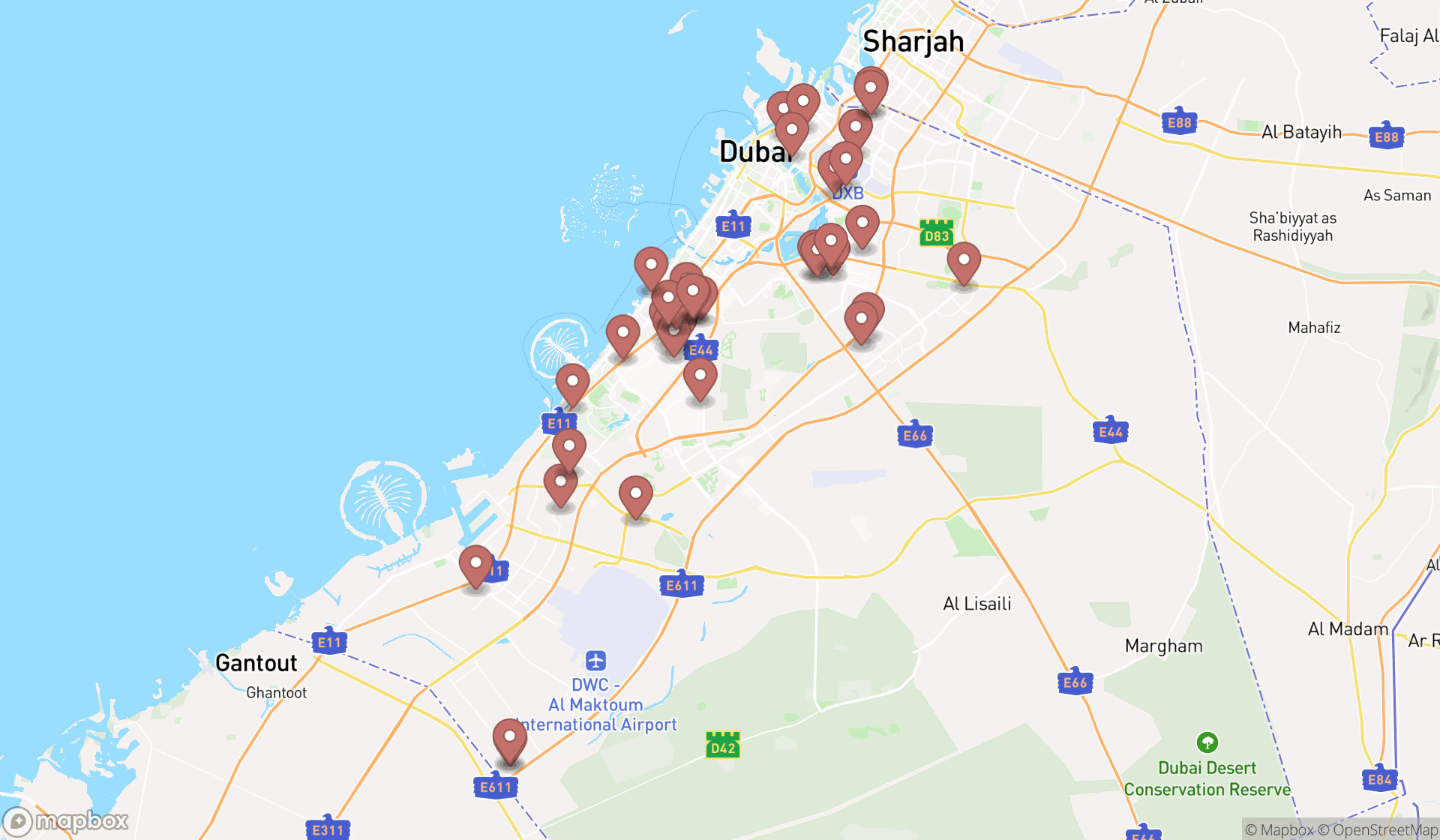 Map showing the search results in Dubai