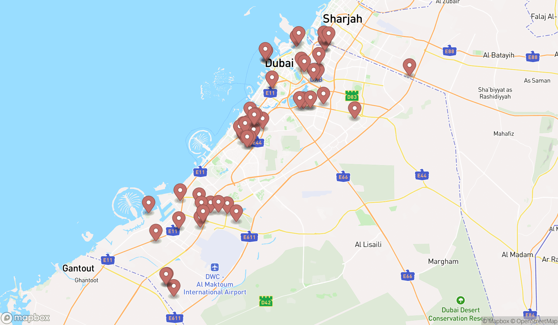 Map showing the search results in Dubai