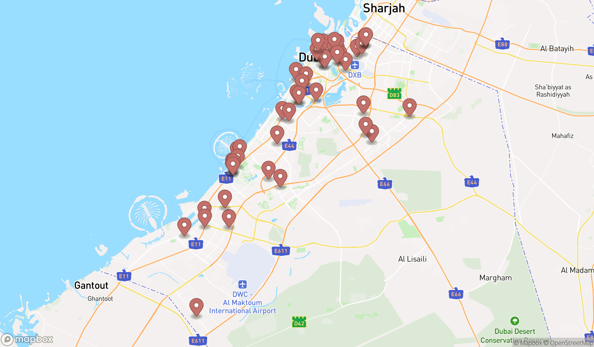 Map showing the search results in Dubai