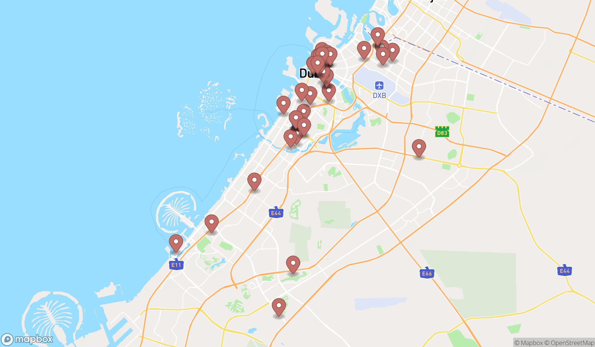 Map showing the search results in Dubai