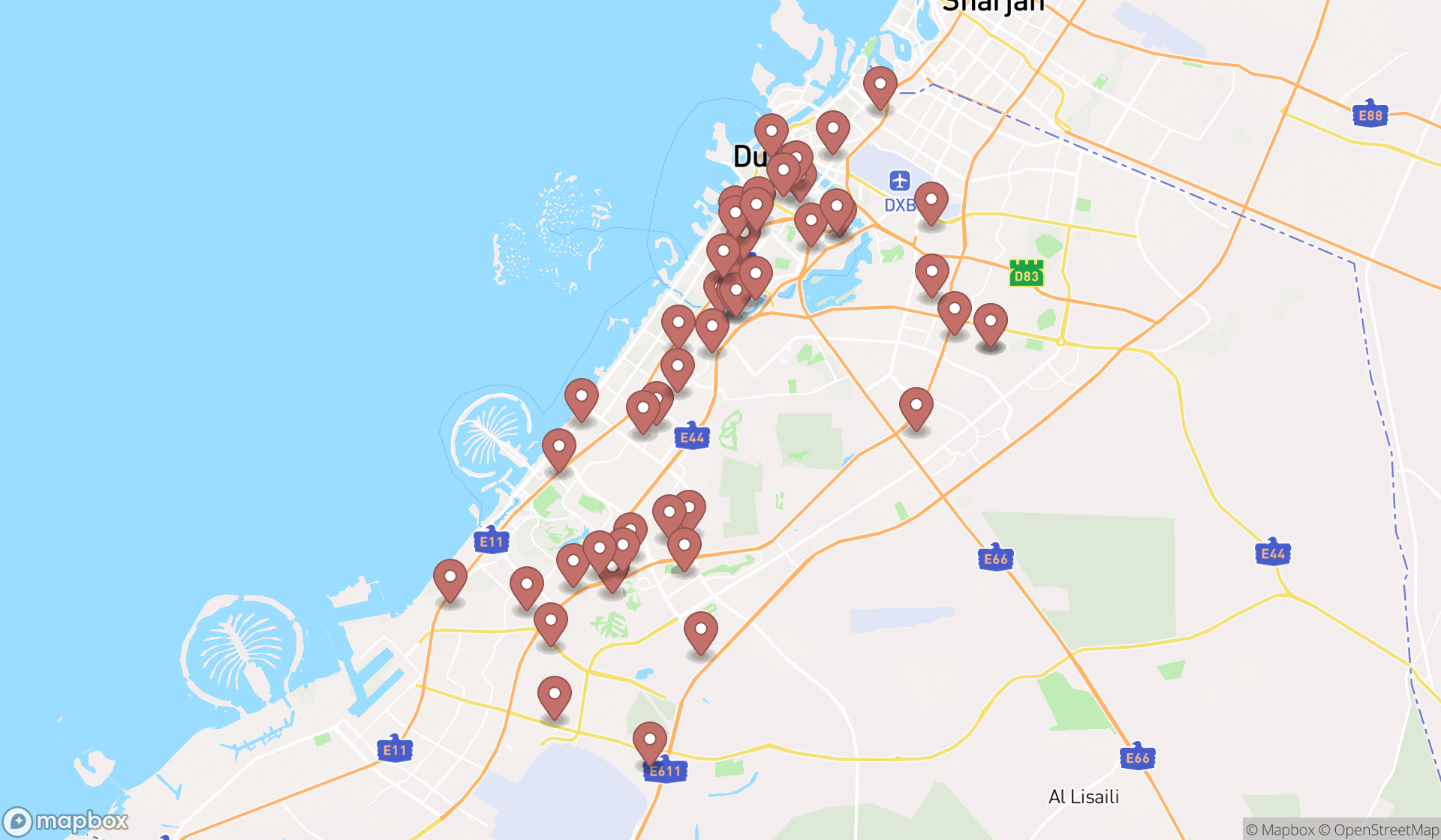 Map showing the search results in Dubai