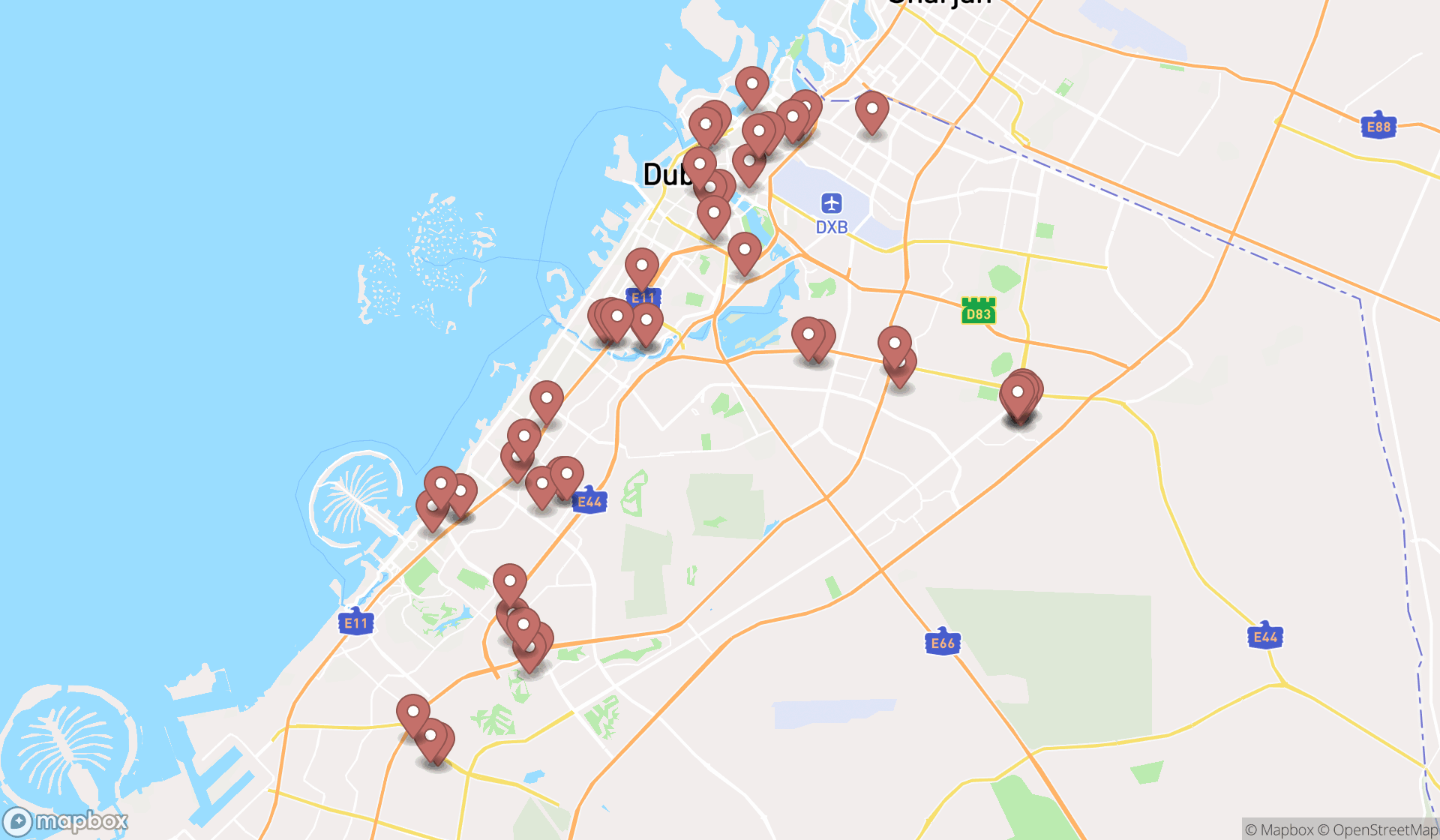 Map showing the search results in Dubai