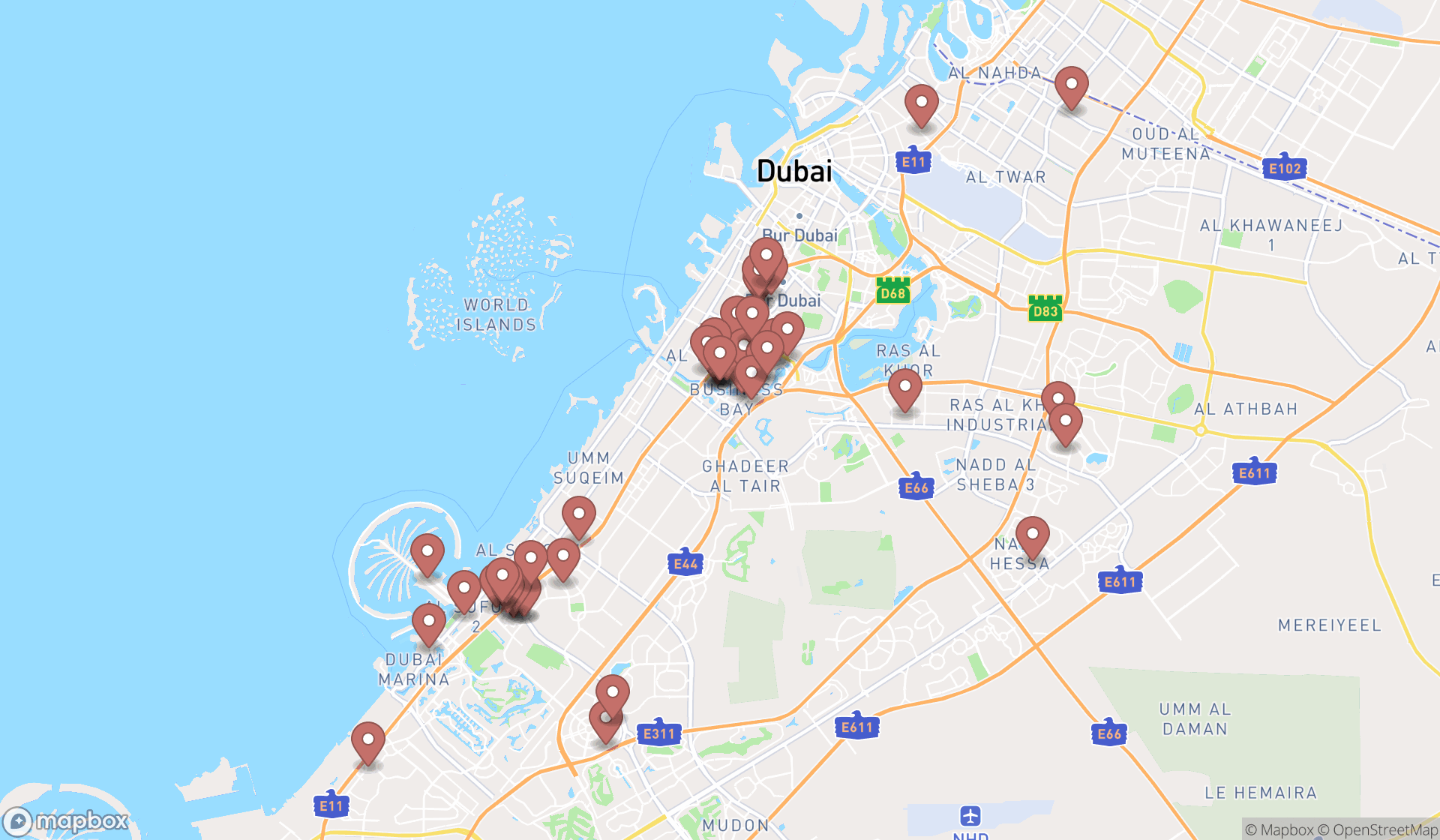 Map showing the search results in Dubai