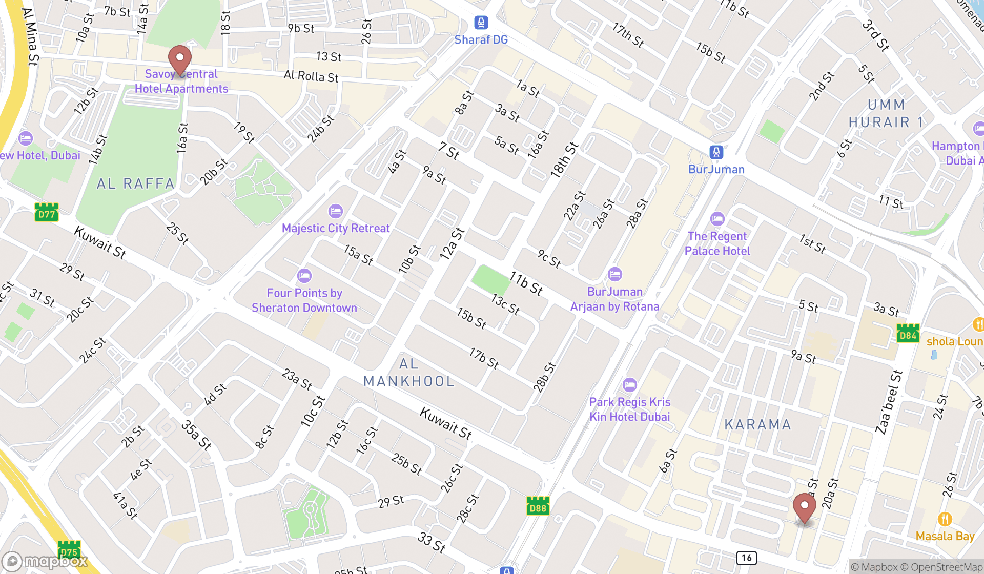 Map showing the search results in Dubai