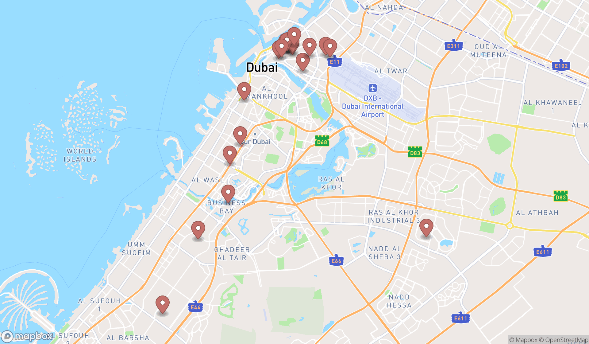Map showing the search results in Dubai