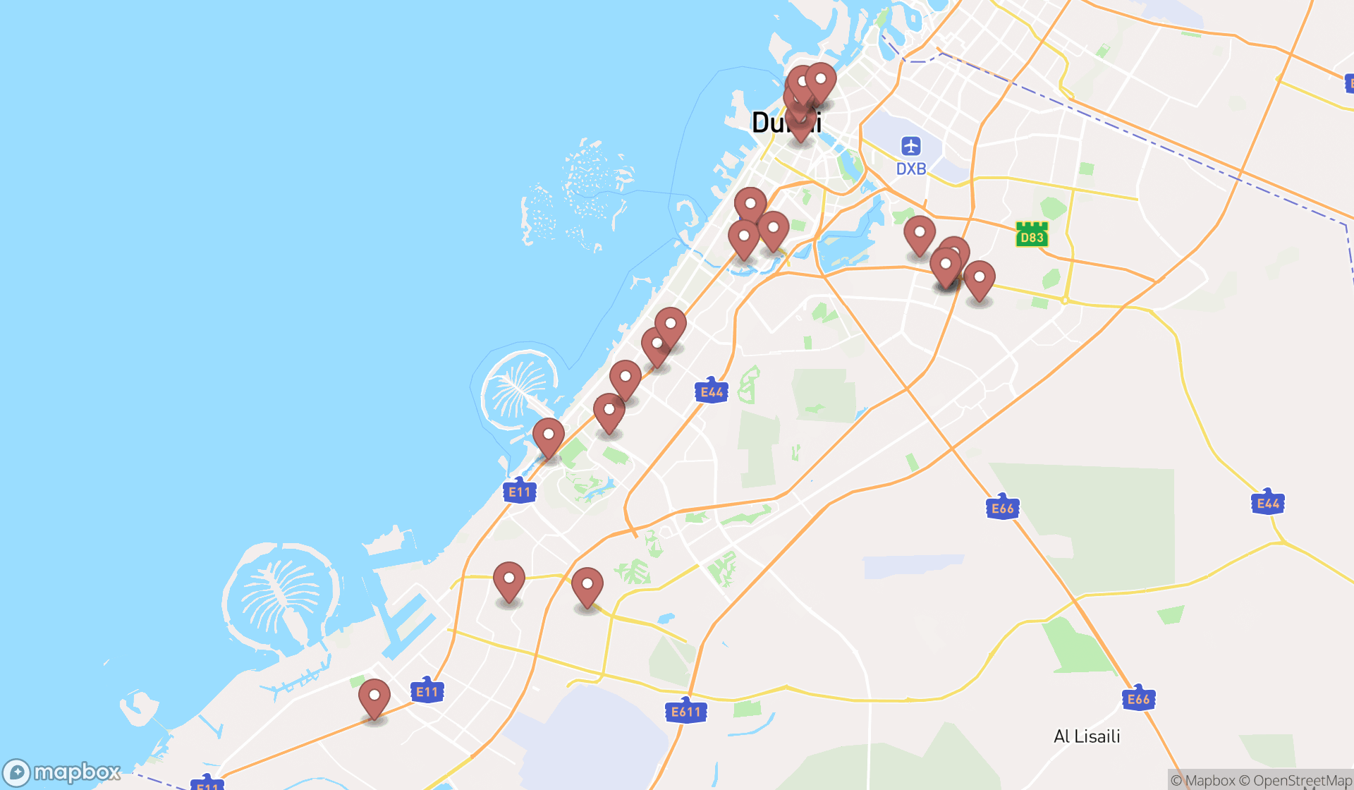 Map showing the search results in Dubai