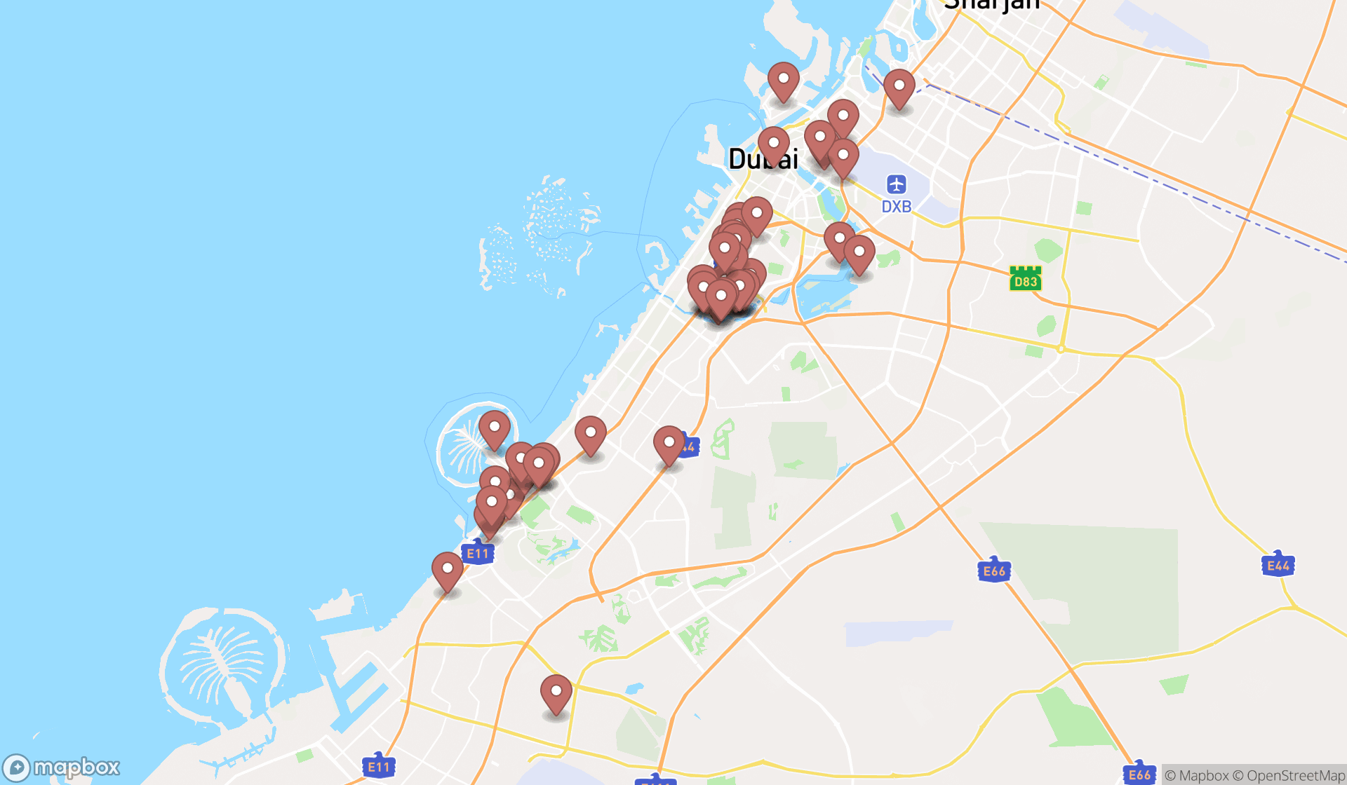 Map showing the search results in Dubai