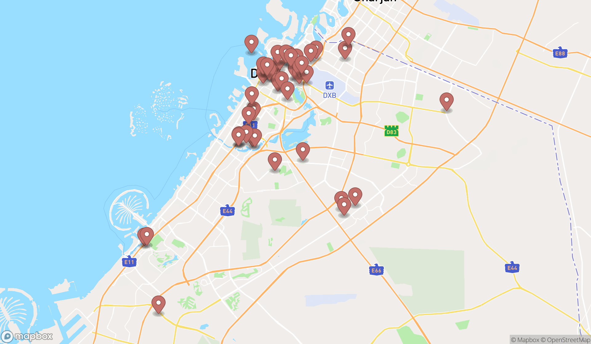 Map showing the search results in Dubai