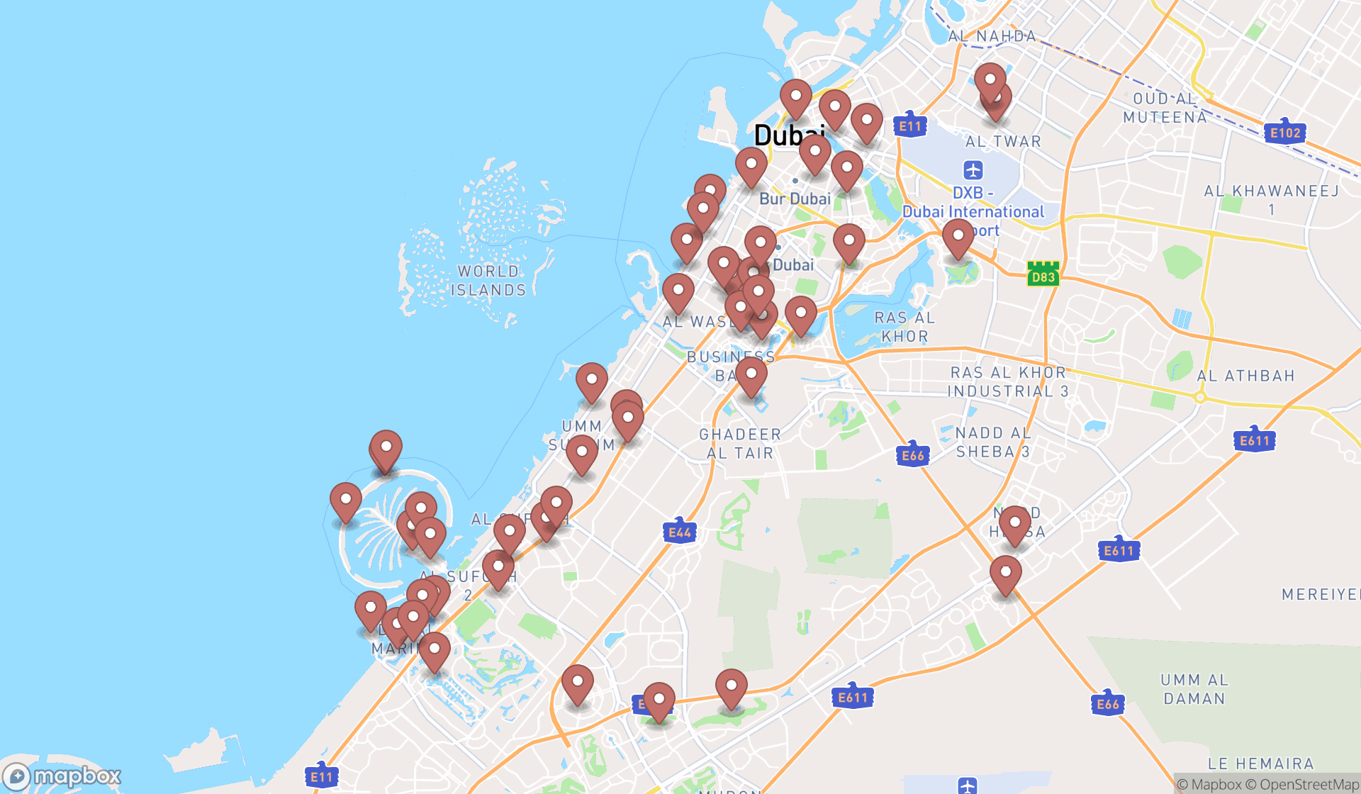 Map showing the search results in Dubai